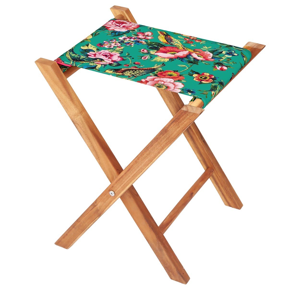 Pliant pêcheur en acacia et toile fleurie turquoise