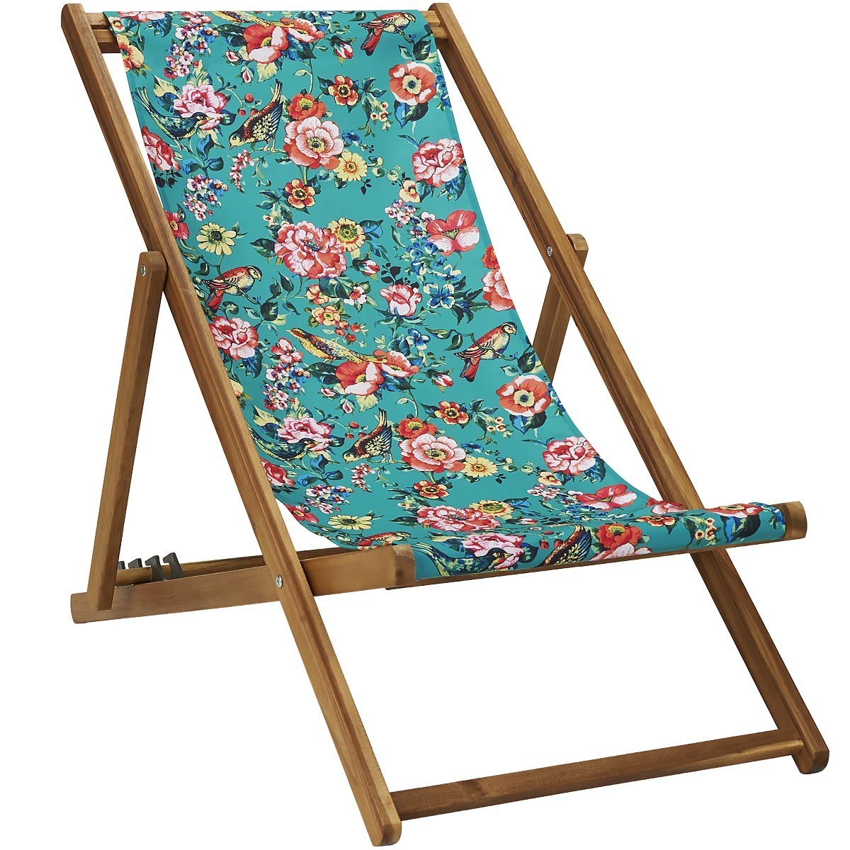 Chilienne pliante en acacia et imprimé fleuri turquoise Chilienne pliante en acacia et imprimé fleuri turquoise