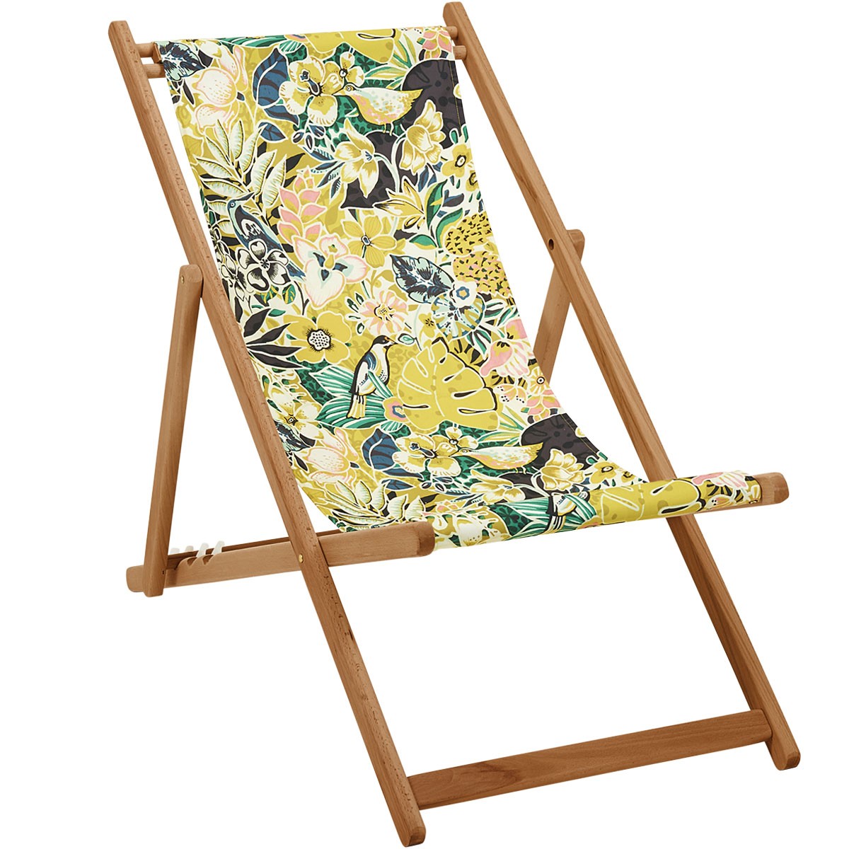 Chilienne pliante en acacia et imprimé tropical fleuri jaune Chilienne pliante en acacia et imprimé tropical fleuri jaune
