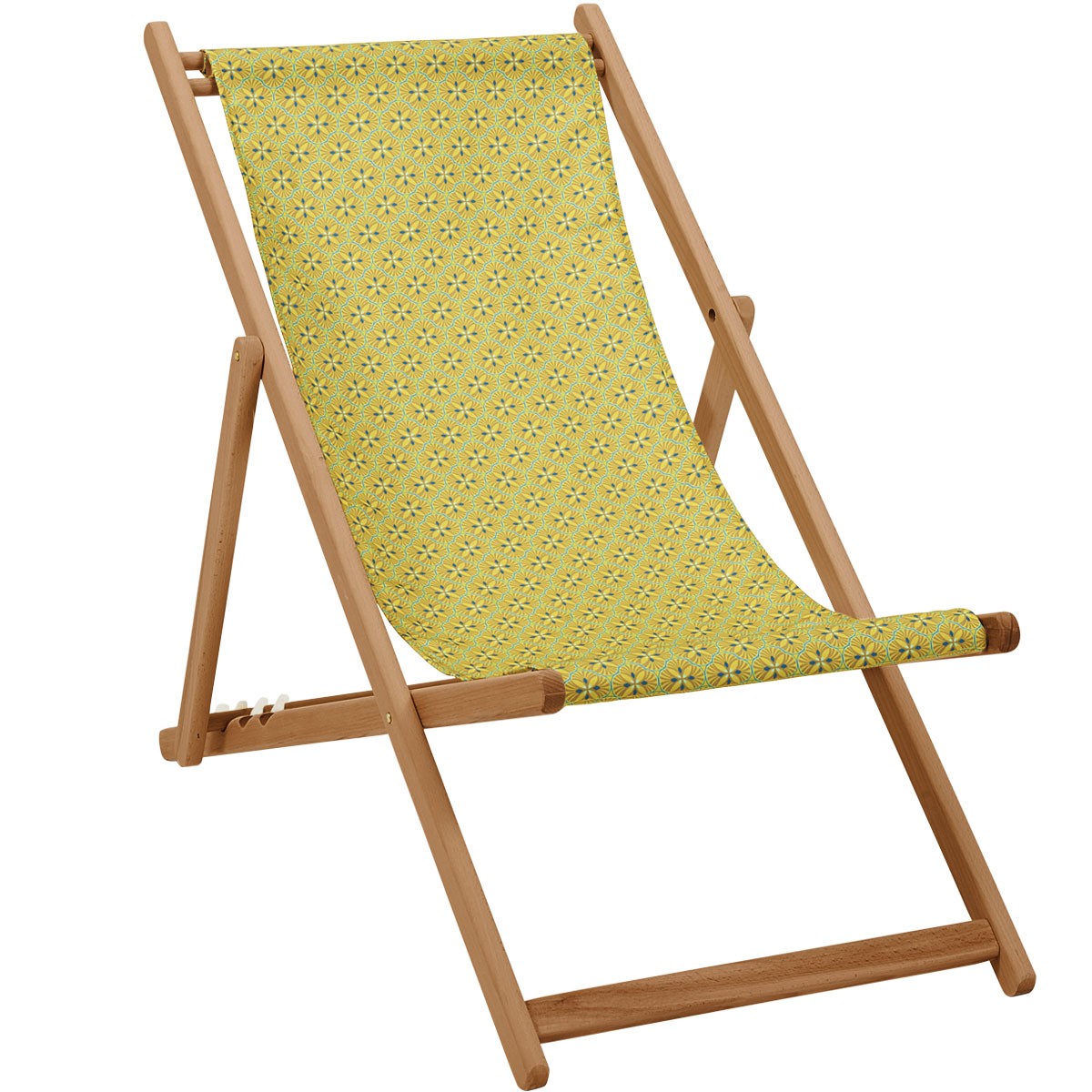 Chaise longue pliante en hêtre et imprimé graphique jaune