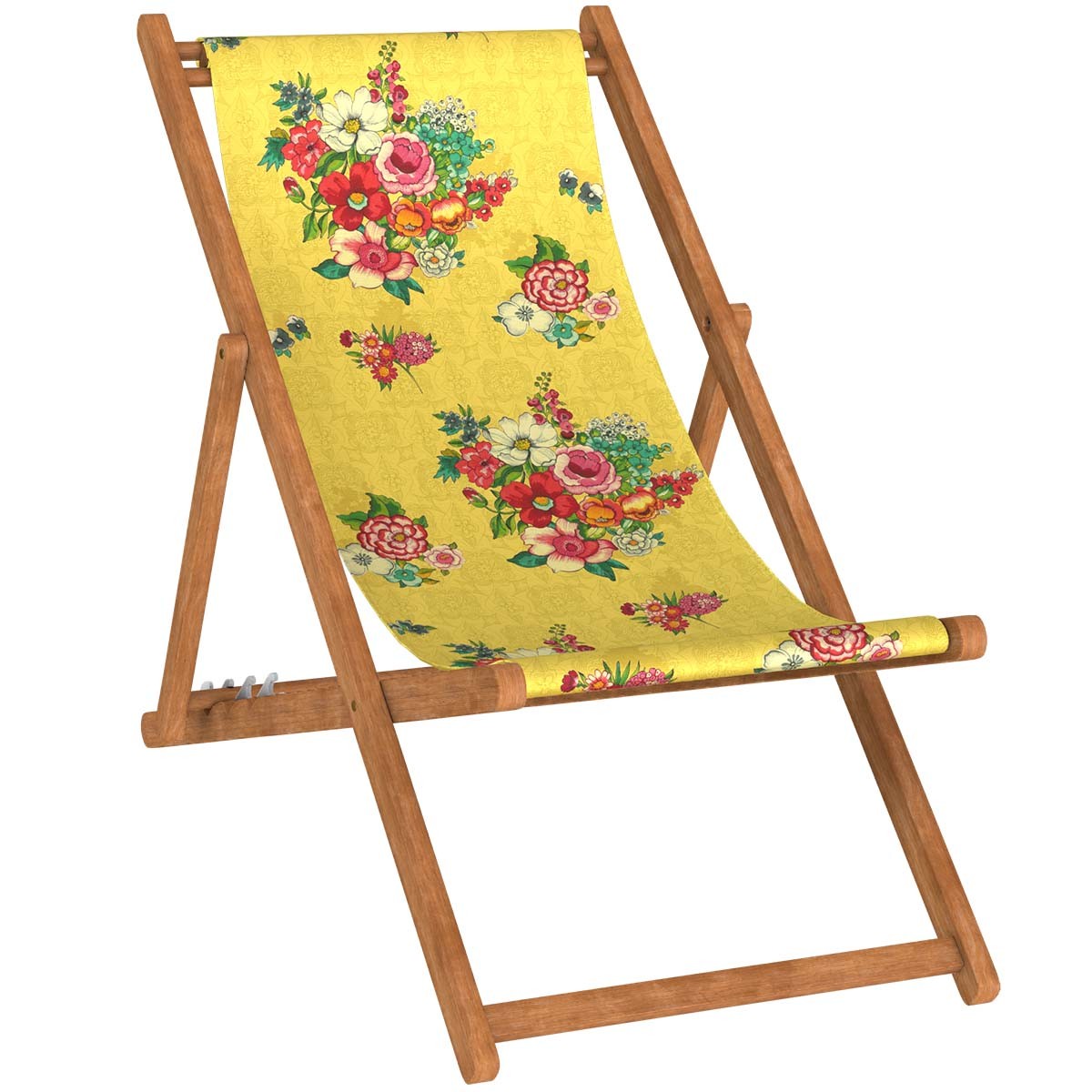 Chaise longue pliante en hêtre et imprimé fleuri jaune