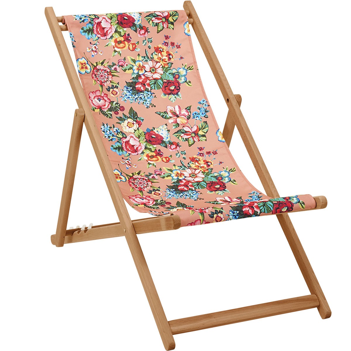 chaise longue pliante en hêtre et imprimé fleuri rose