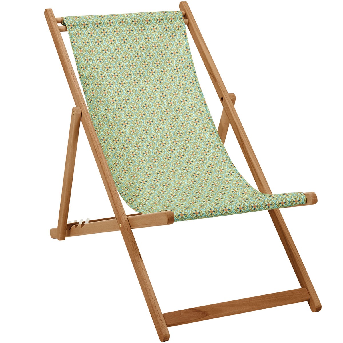 Chilienne pliante en acacia et imprimé graphique lagon Chilienne pliante en acacia et imprimé graphique lagon