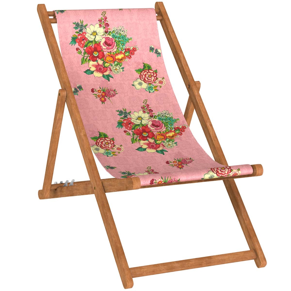 Chaise longue pliante en hêtre et imprimé fleuri pêche