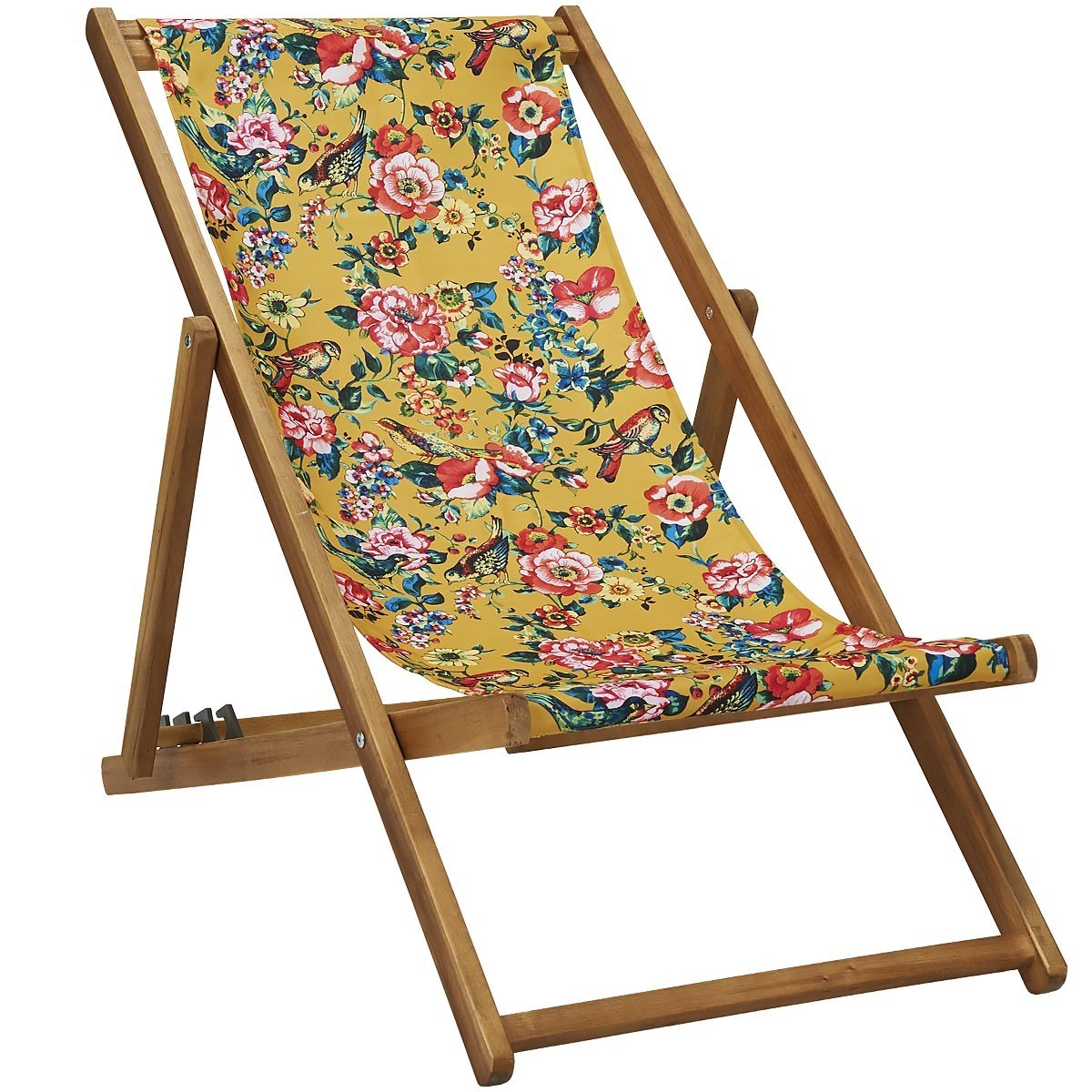 Chilienne pliante en acacia et imprimé fleuri jaune Chilienne pliante en acacia et imprimé fleuri jaune