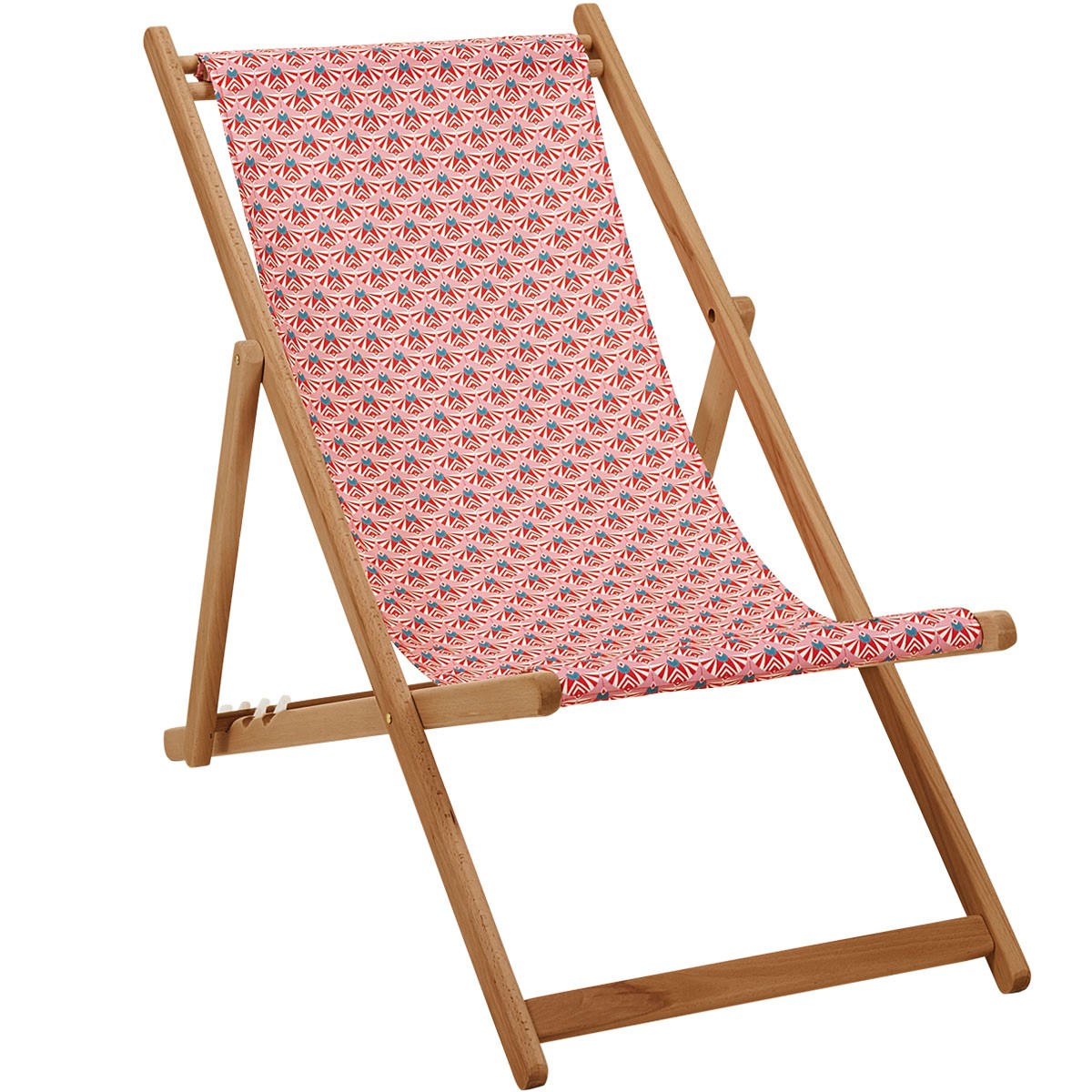 chaise longue pliante en hêtre et imprimé graphique rose
