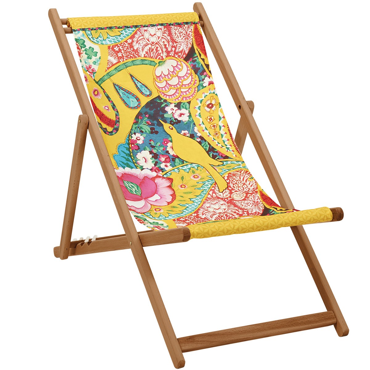 chaise longue pliante en hêtre et imprimé graphique et fleuri