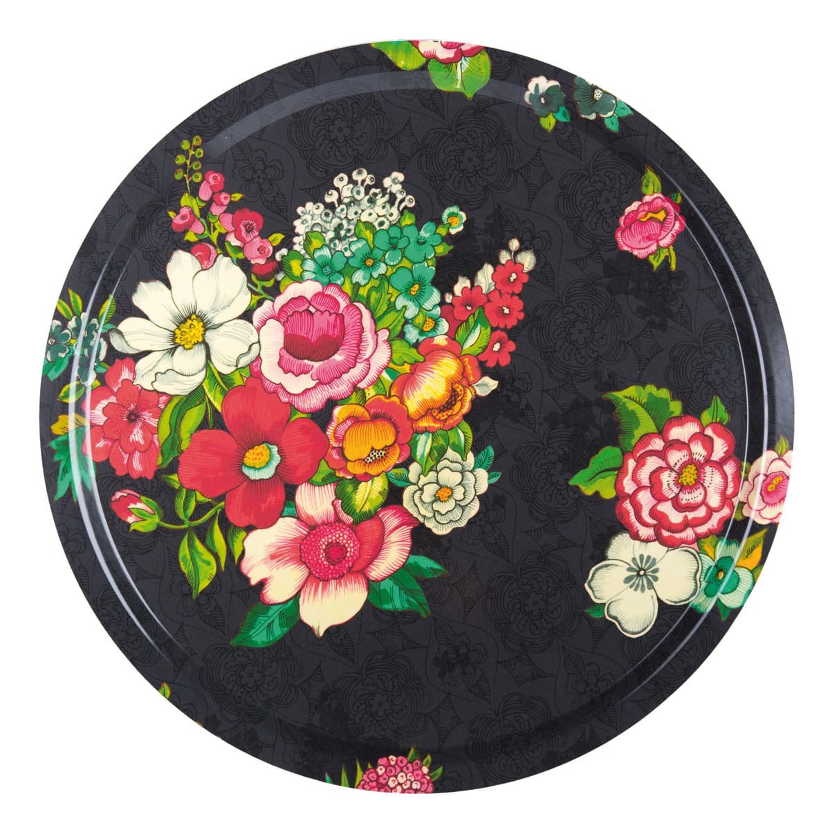 Plateau en bois imprimé fleuri noir Ø46cm