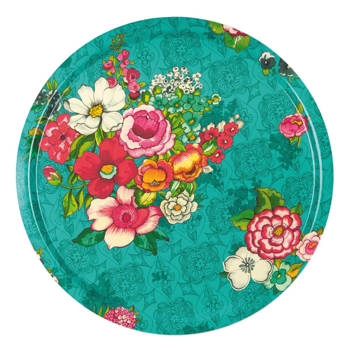 Plateau rond 46cm feuilles de bois motif fleuri bleu