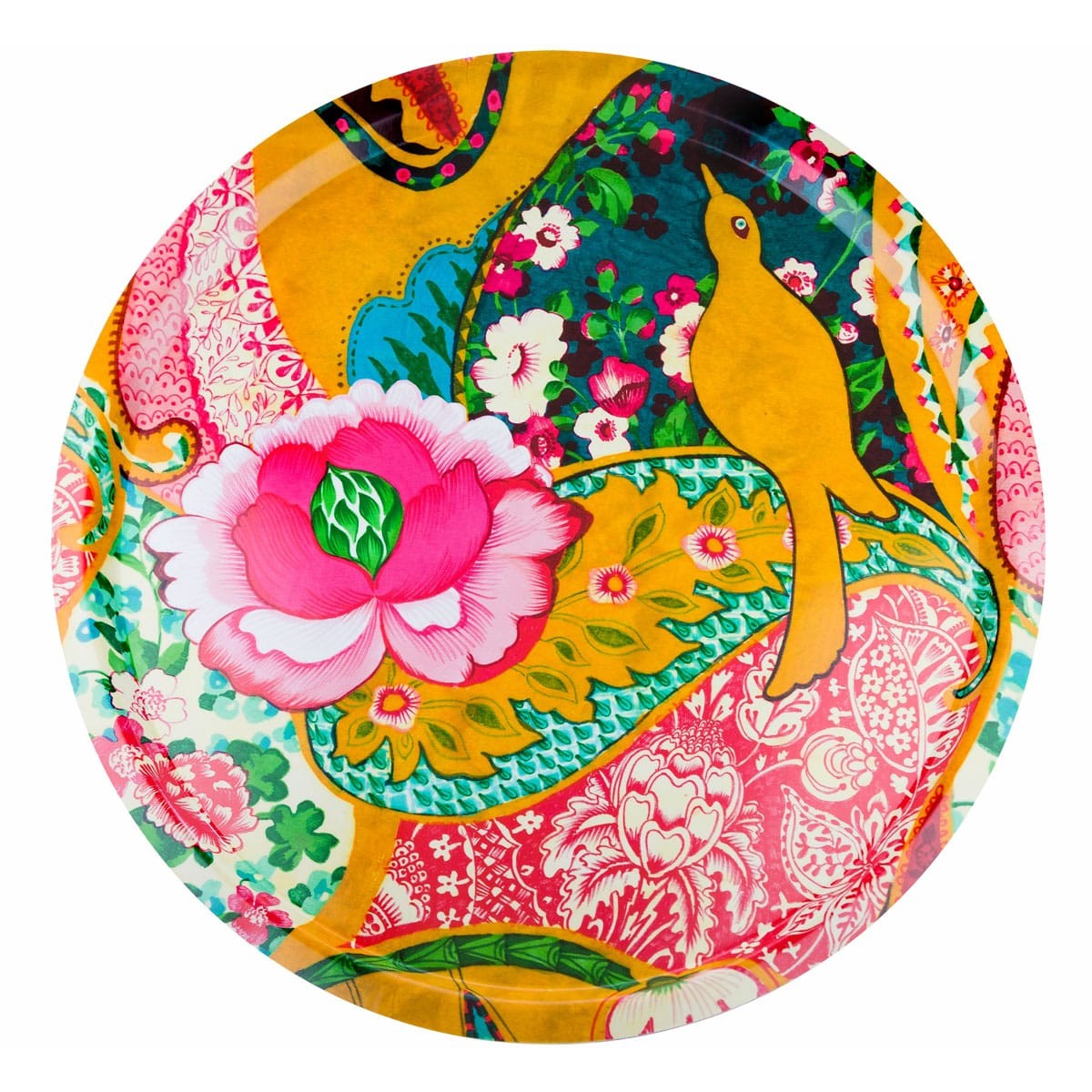 Plateau rond 46cm feuilles de bois motif fleurs et oiseau