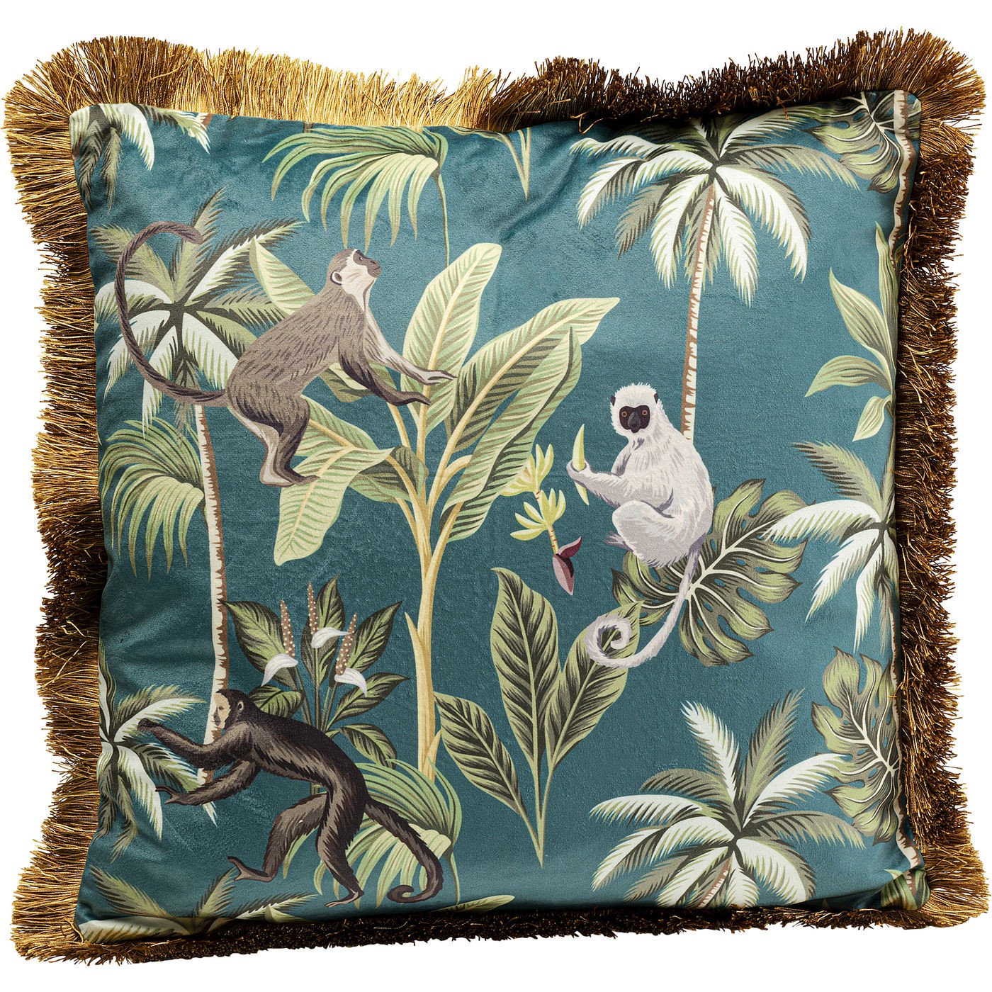 Coussin bleu imprimés singes et feuilles à franges 45x45 Coussin bleu imprimés singes et feuilles à franges 45x45