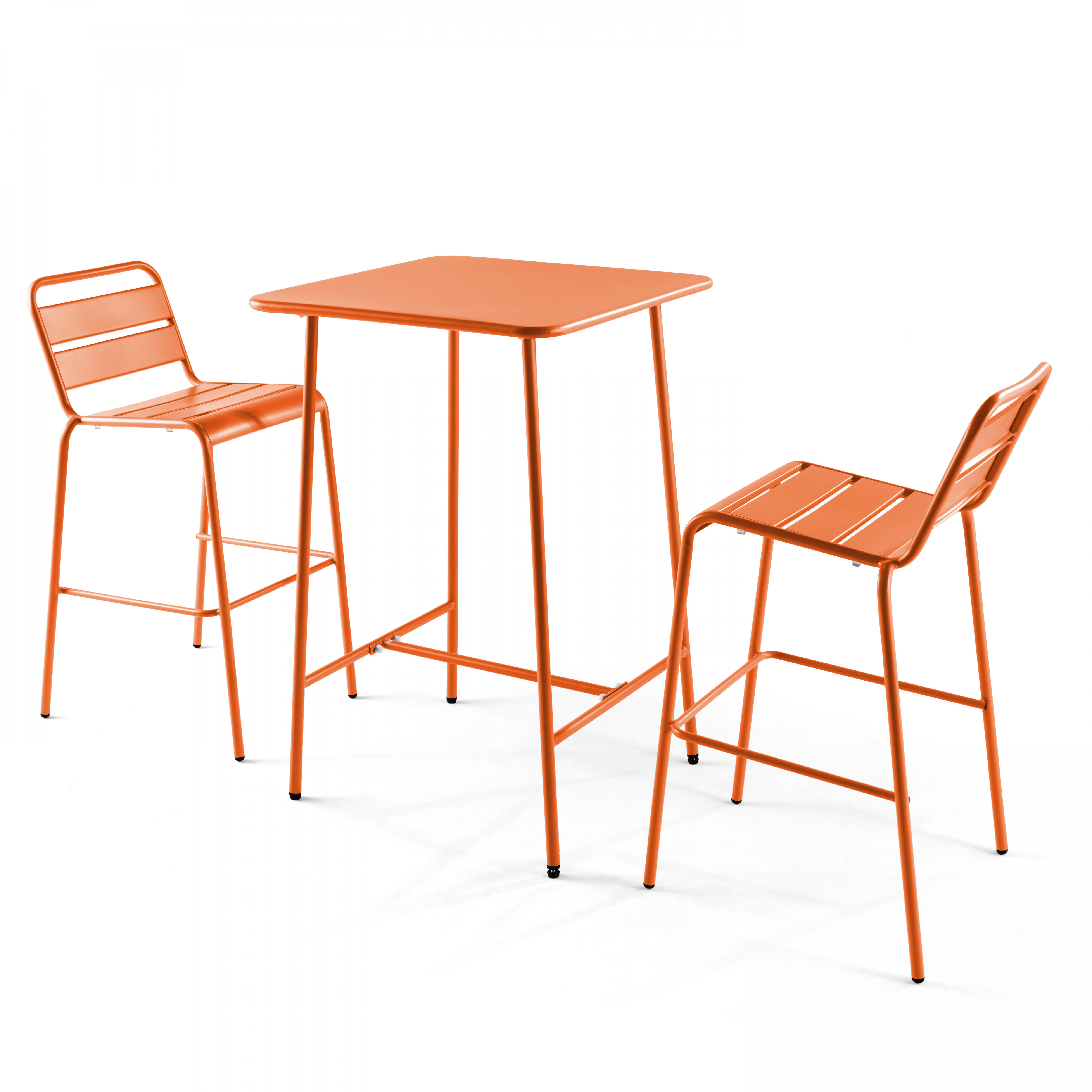 Table de bar et 2 chaises hautes 2 places en acier orange