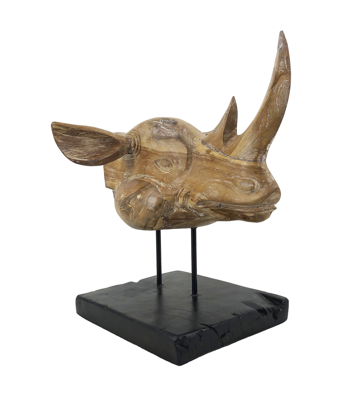 Tête de rhinocéros en bois blanchies