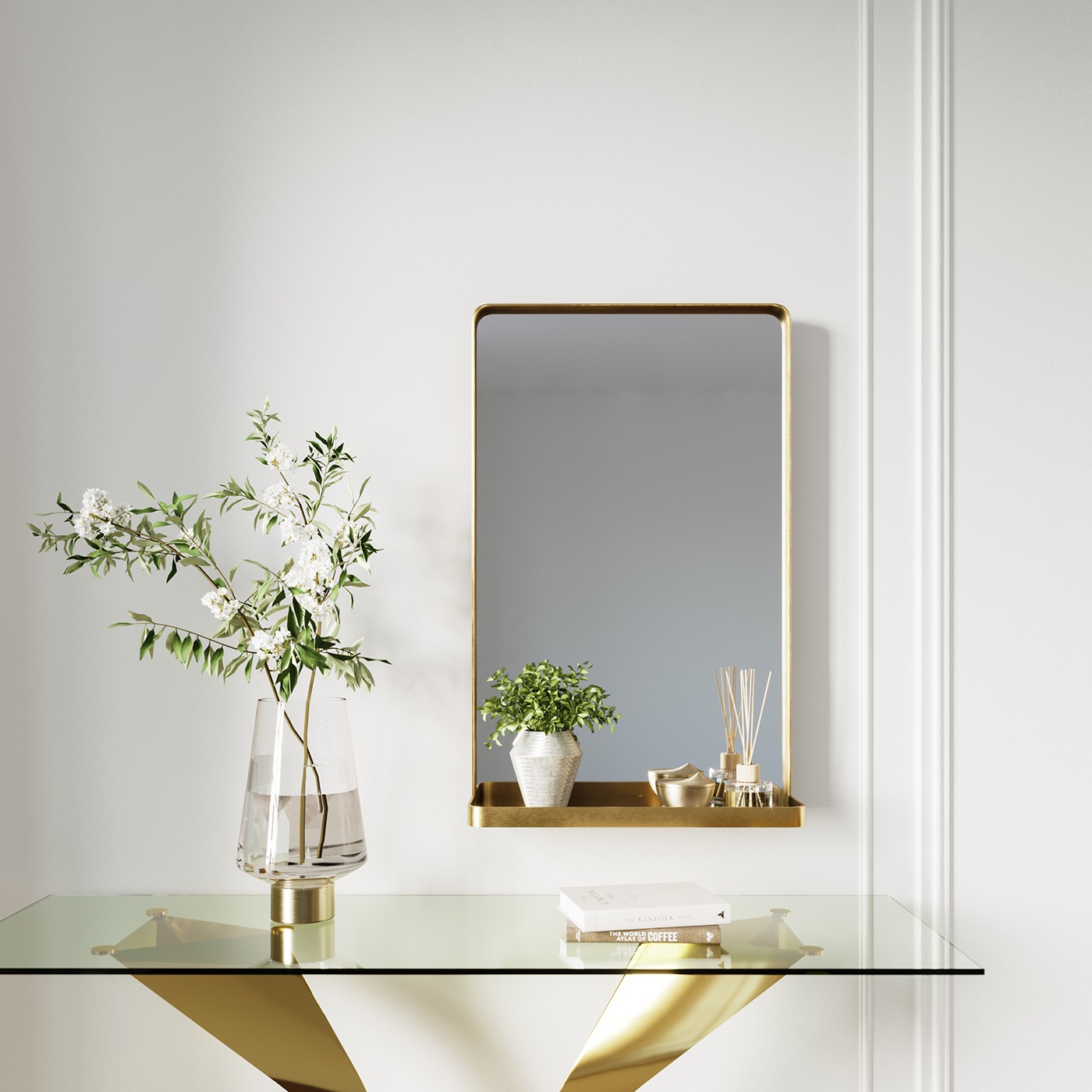 Miroir avec tablette bords arrondis en métal doré 80x50 Miroir avec tablette bords arrondis en métal doré 80x50