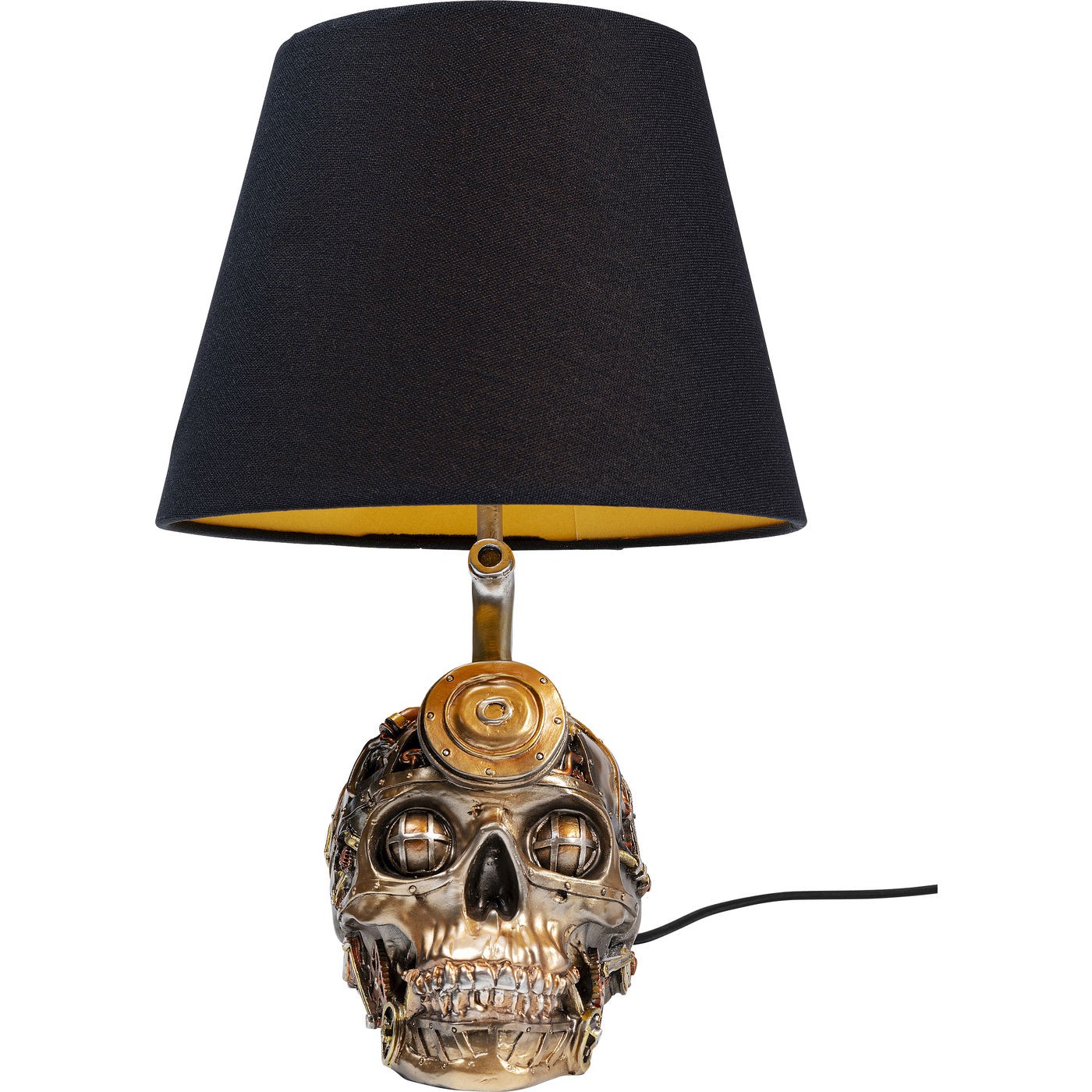 Lampe tête de mort steampunk en polyrésine et abat-jour noir Lampe tête de mort steampunk en polyrésine et abat-jour noir