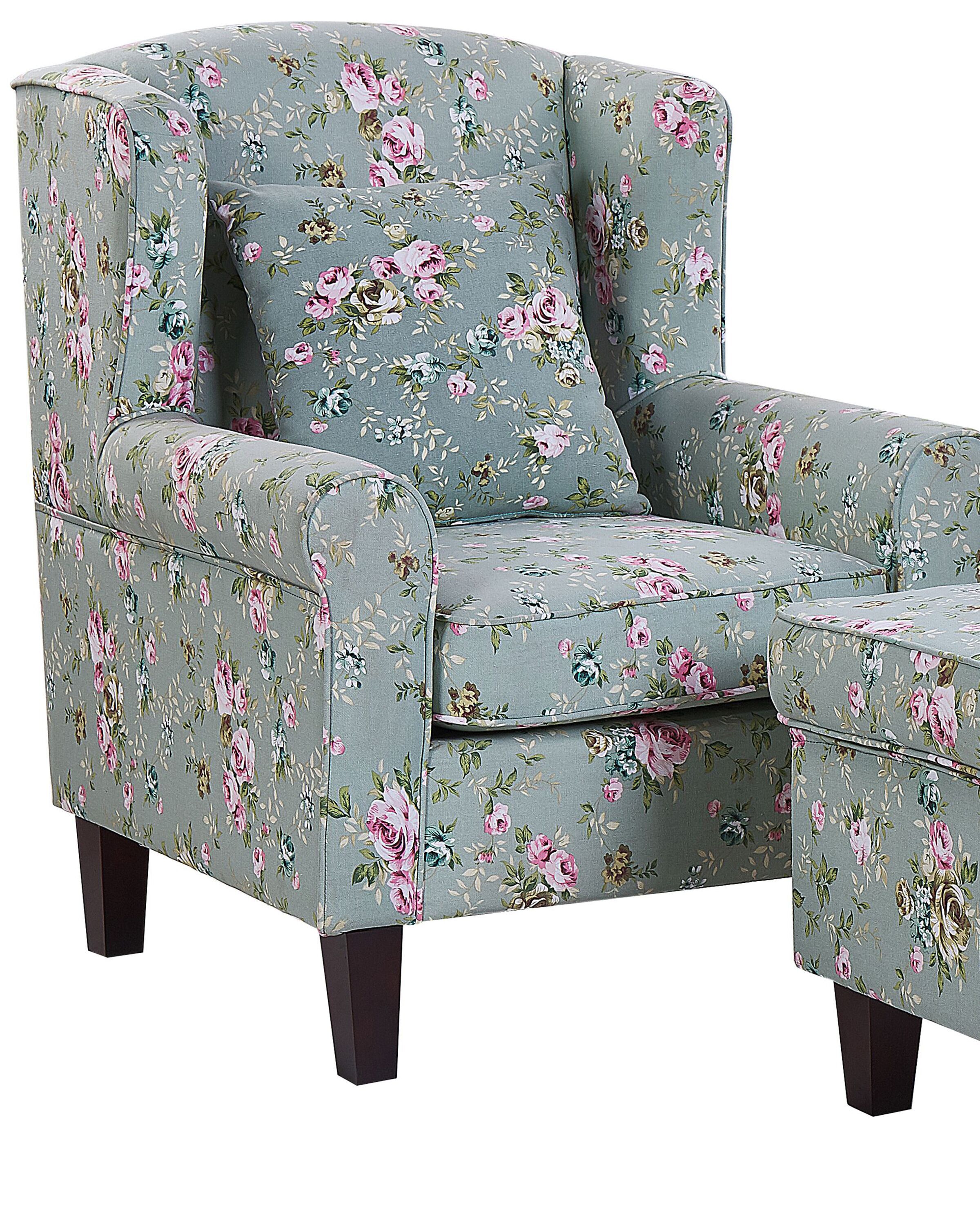 Fauteuil en tissu vert à motif floral avec repose-pieds (photo) Fauteuil en tissu vert à motif floral avec repose-pieds