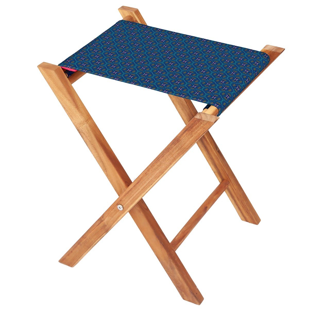 Pliant pêcheur en acacia et toile graphique bleu