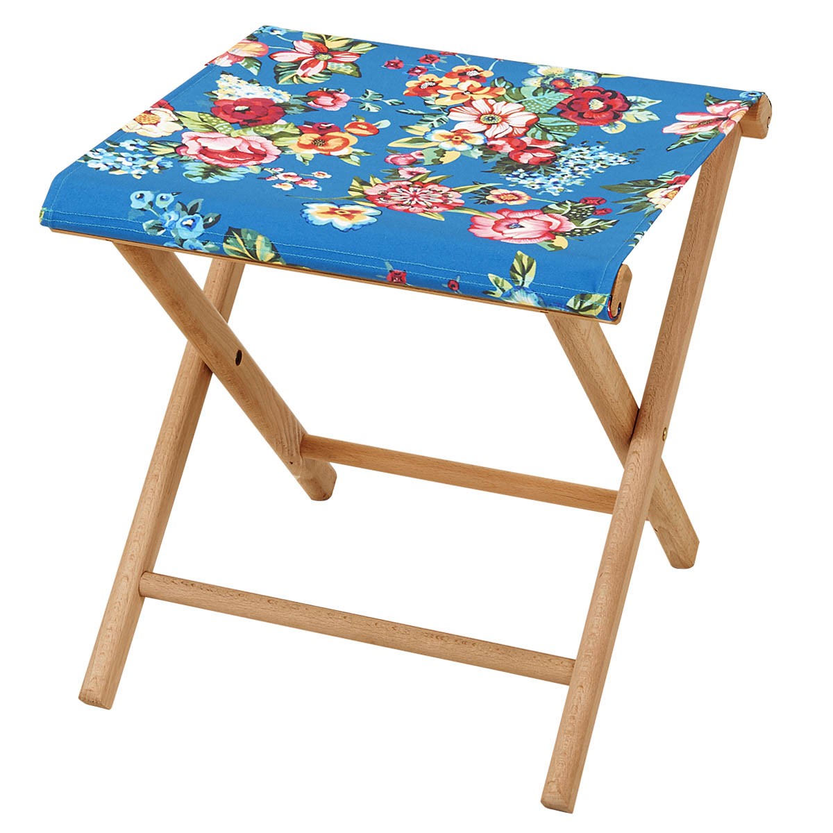 Pliant pêcheur en acacia et toile fleurie bleu