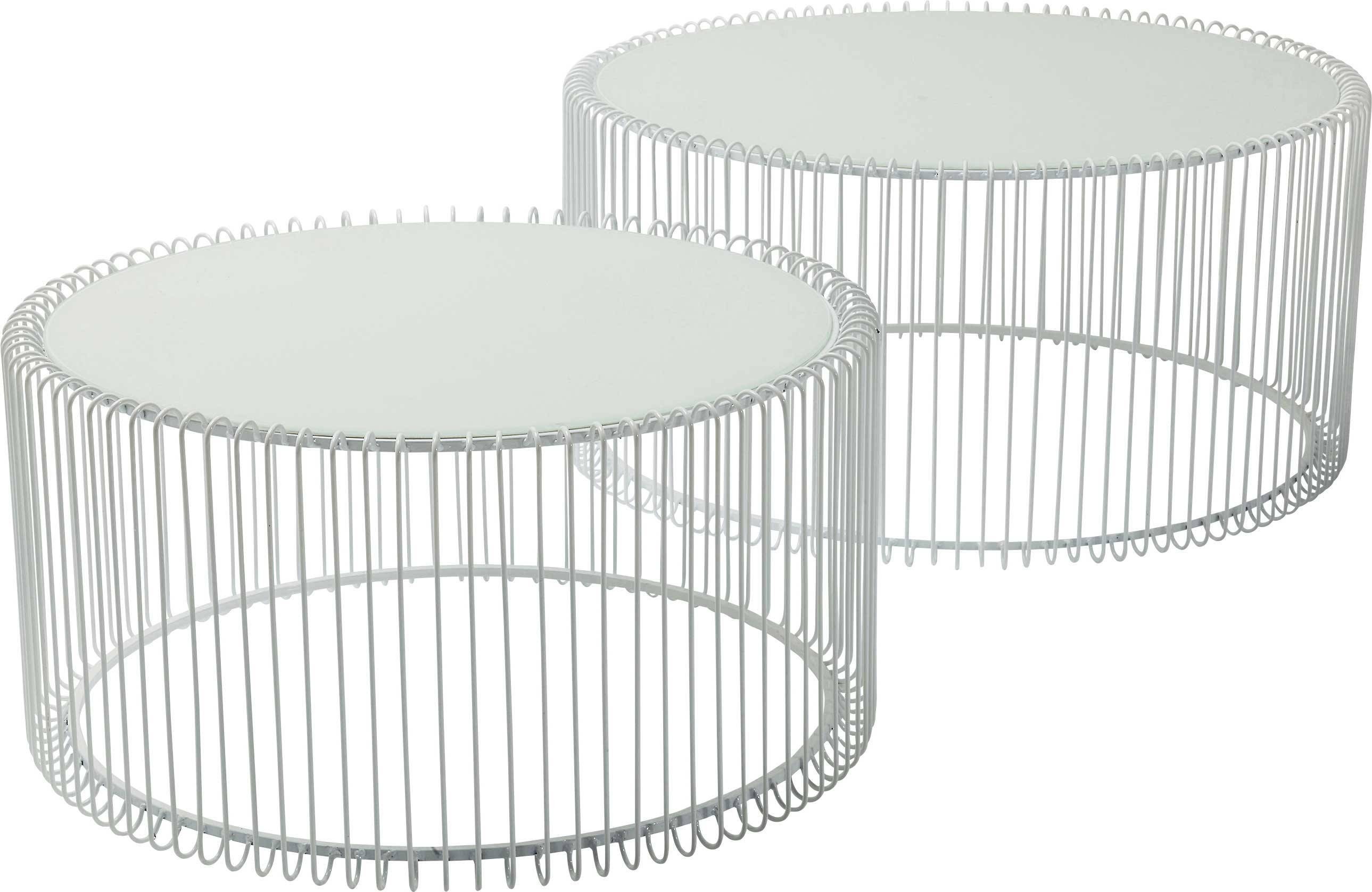 2 tables basses rondes en acier blanc et verre