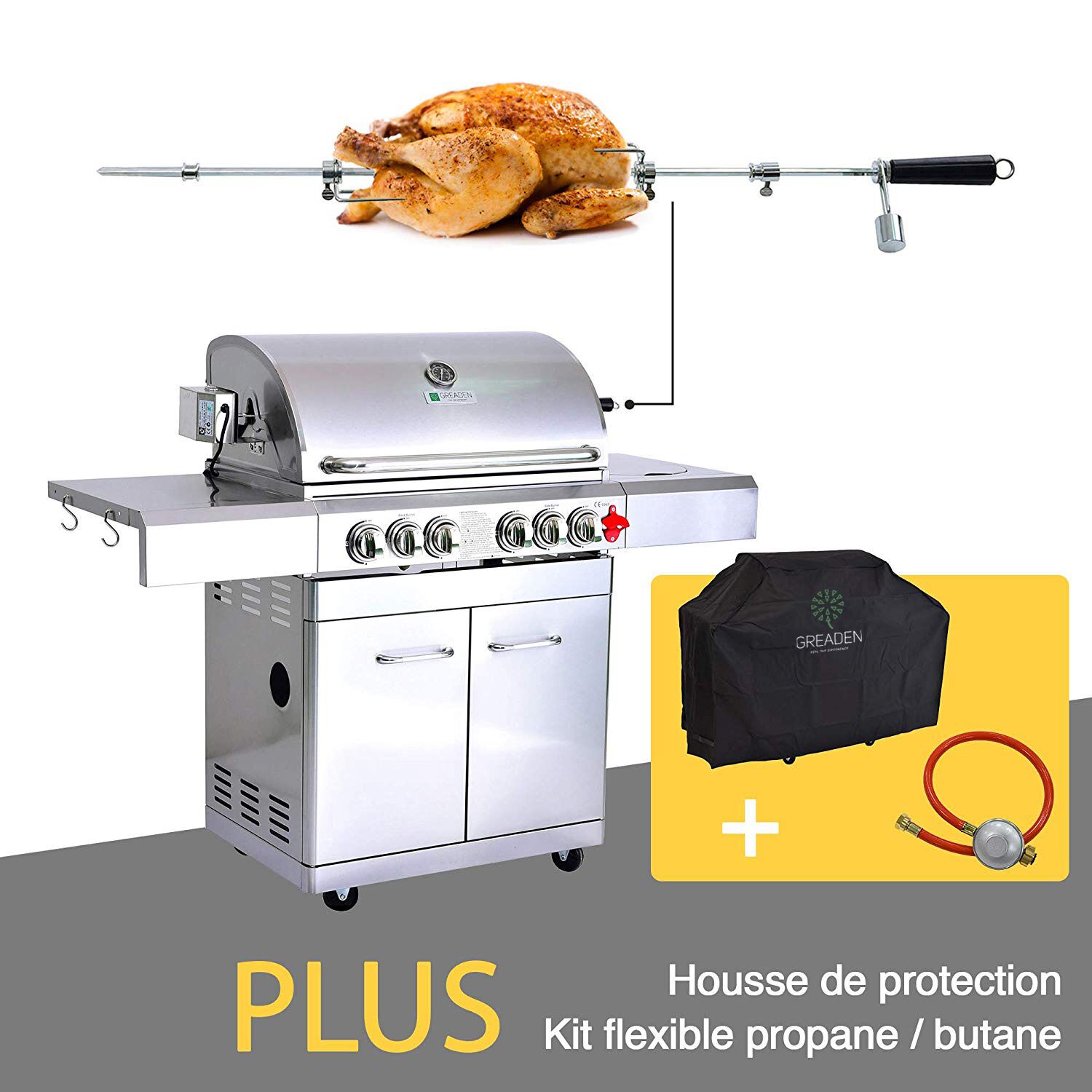 Barbecue à gaz 5 brûleurs avec kit flexible et housse en acier inox