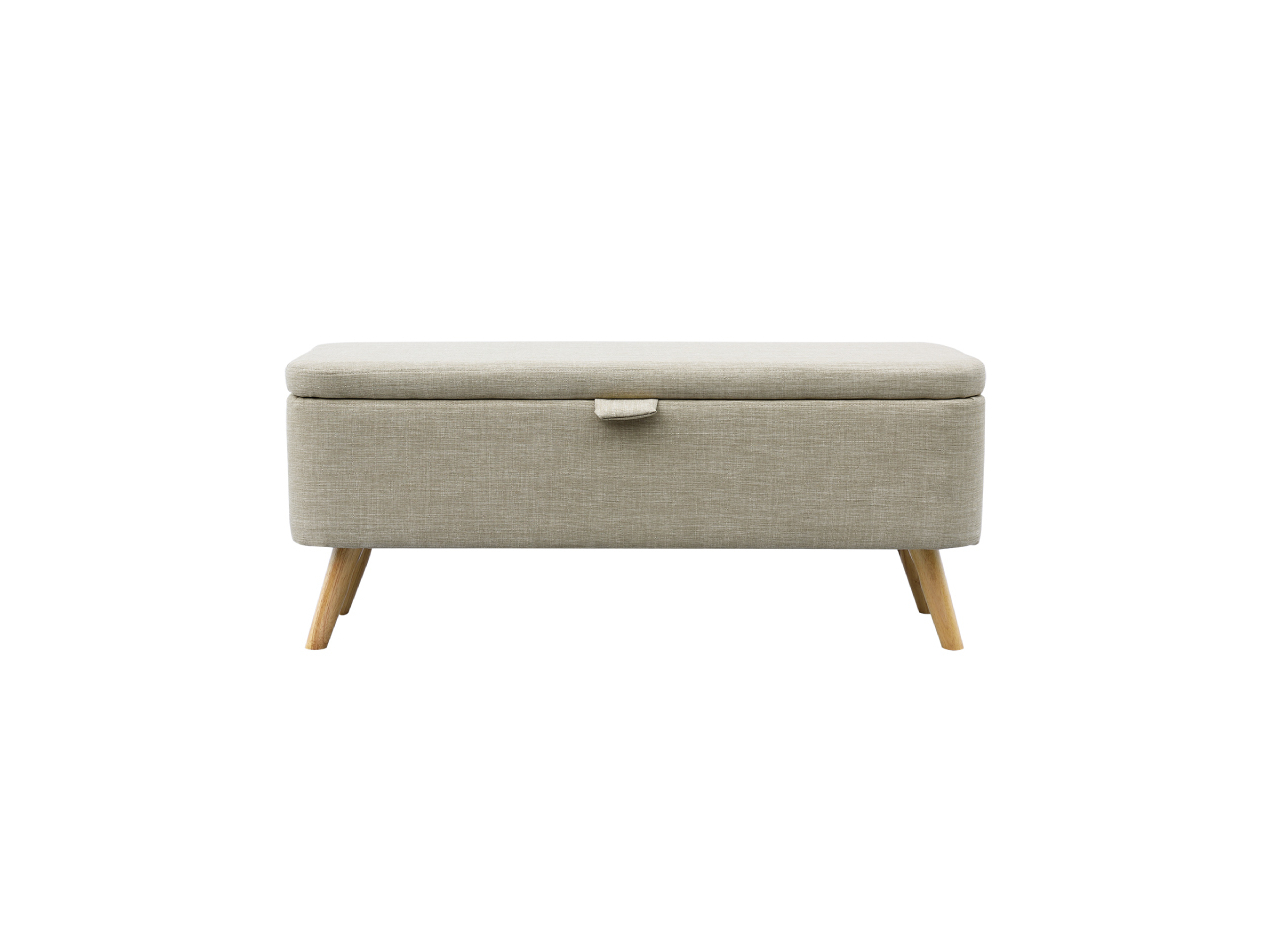 Bout de lit en tissu beige avec coffre de rangement et pieds en bois (photo) Bout de lit en tissu beige avec coffre de rangement et pieds en bois