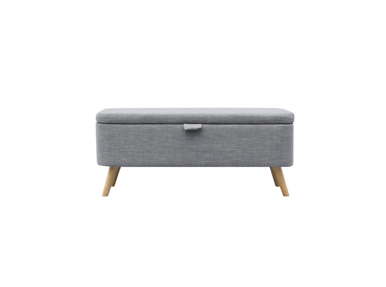 Bout de lit en tissu gris avec coffre de rangement et pieds en bois (photo) Bout de lit en tissu gris avec coffre de rangement et pieds en bois