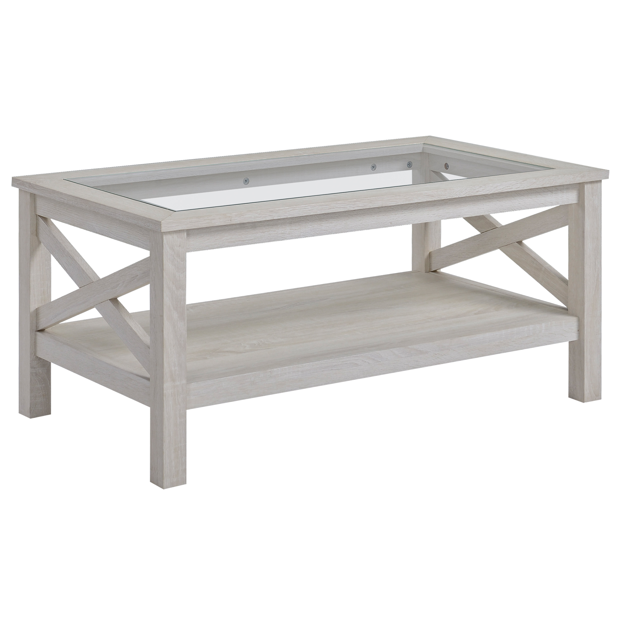 Table basse étagère plateau verre trempé aspect bois gris clair
