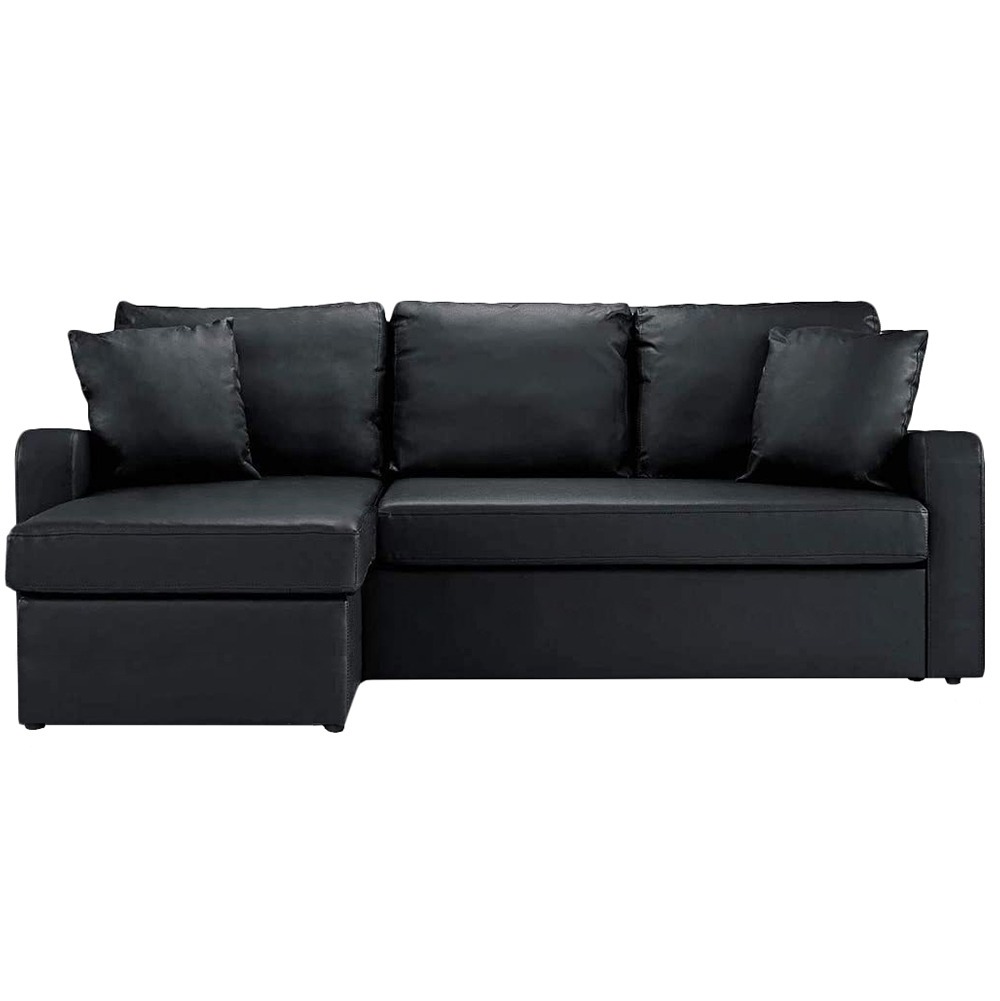 Canapé d'angle convertible réversible 4 places effet cuir noir (photo) Canapé d'angle convertible réversible 4 places effet cuir noir