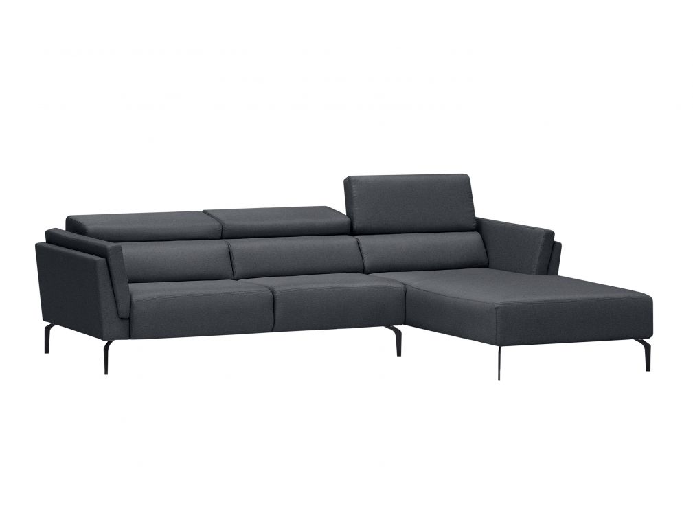 Canapé d'angle droit avec têtières en tissu gris foncé (photo) Canapé d'angle droit avec têtières en tissu gris foncé