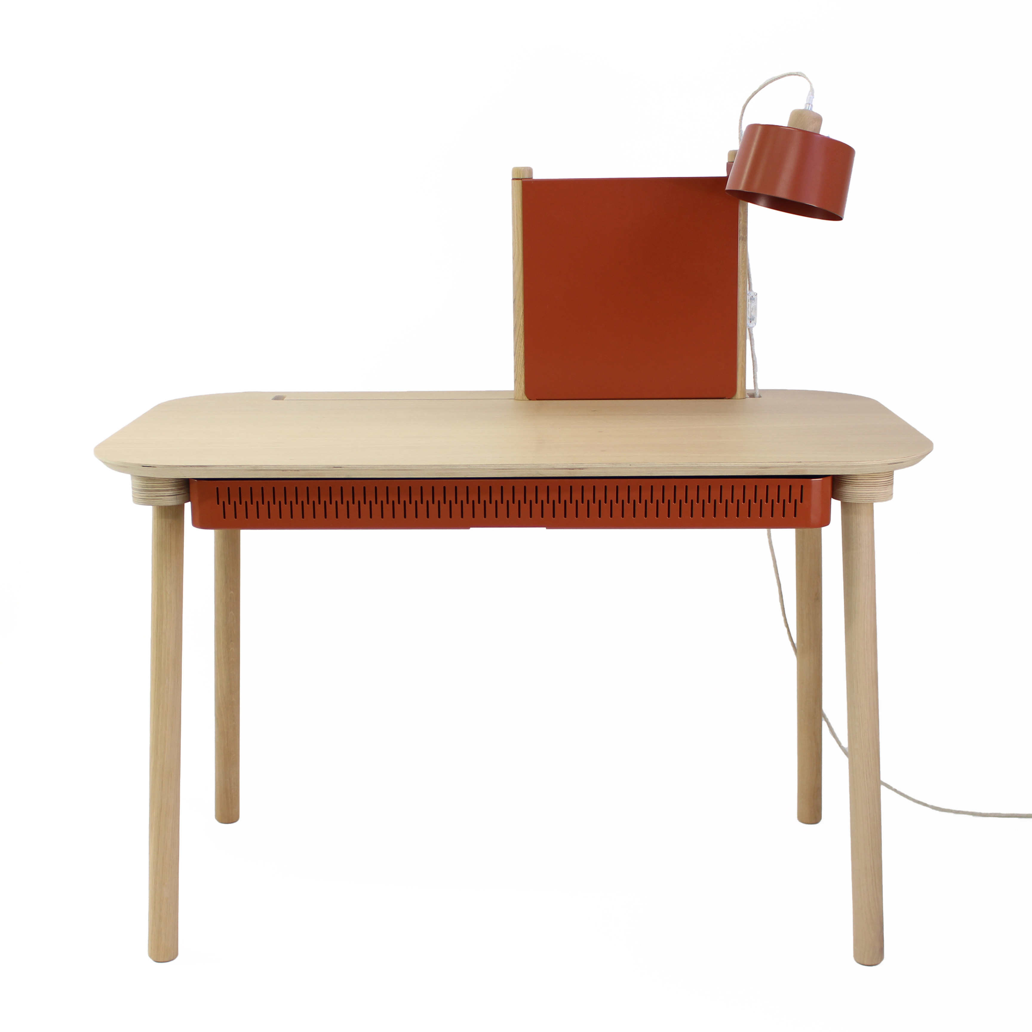 Bureau avec tiroir, séparateur et lampe en chêne et métal terracotta