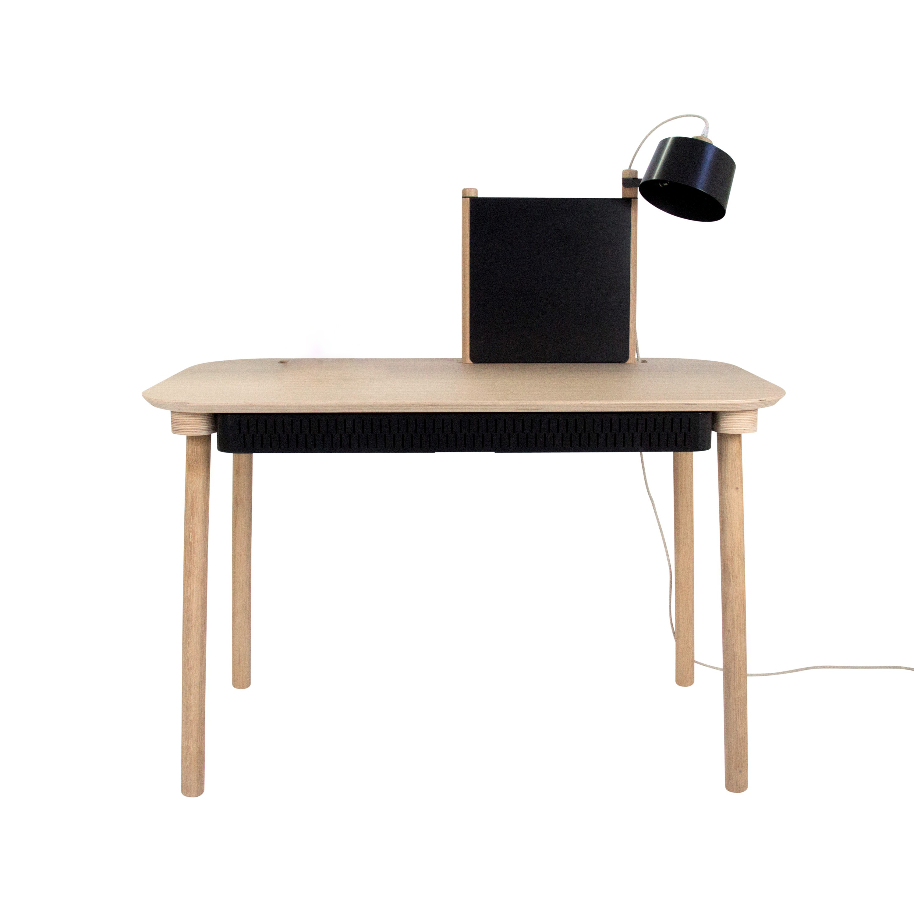 Bureau avec tiroir, séparateur et lampe en chêne et métal noir