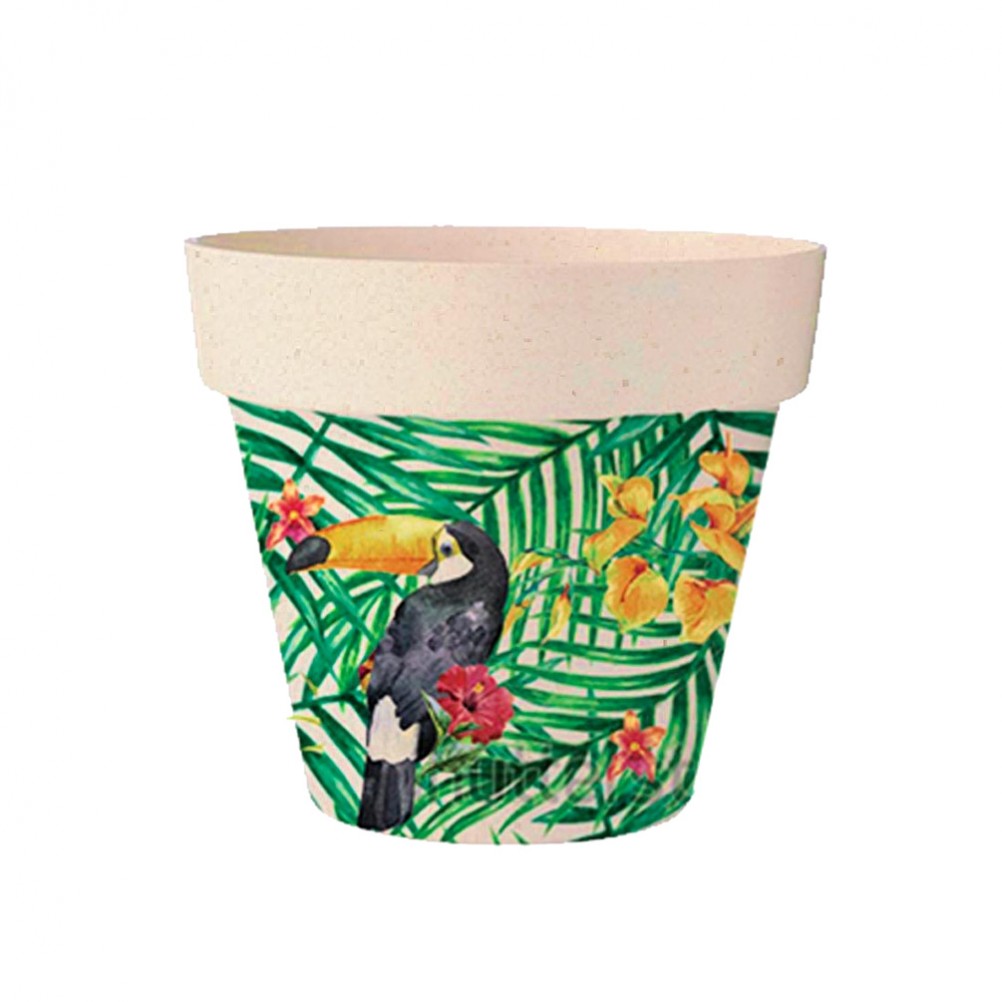 Cache pot de fleurs toucan en bambou D13,8cm Cache pot de fleurs toucan en bambou D13,8cm