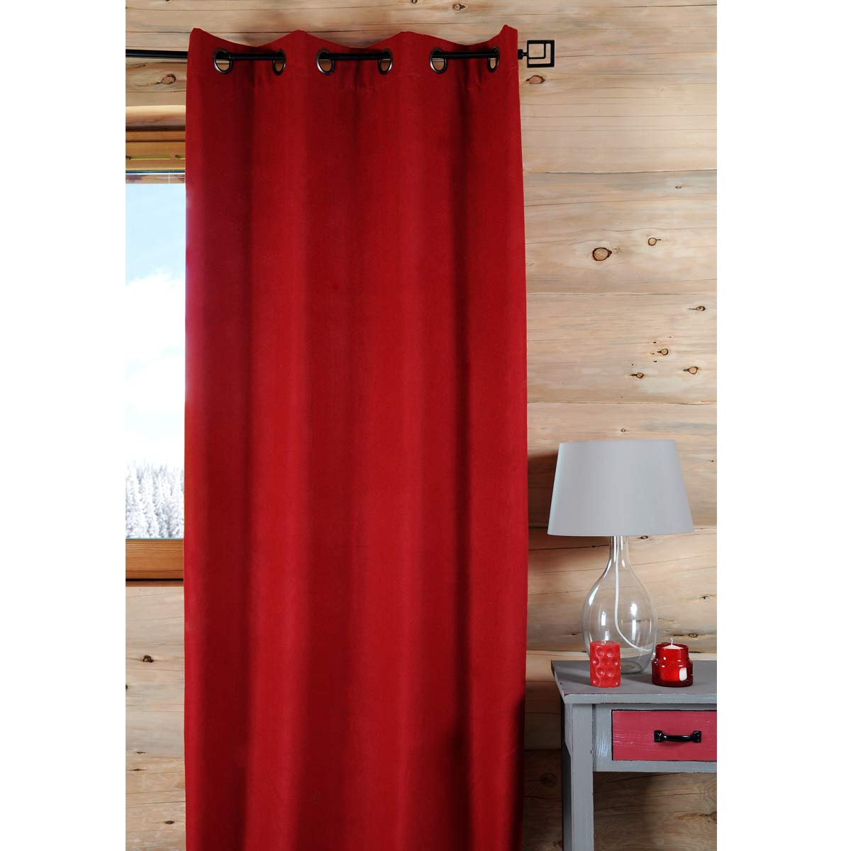 Rideau uni à l'aspect laineux polyester rouge 260x135 Rideau uni à l'aspect laineux polyester rouge 260x135