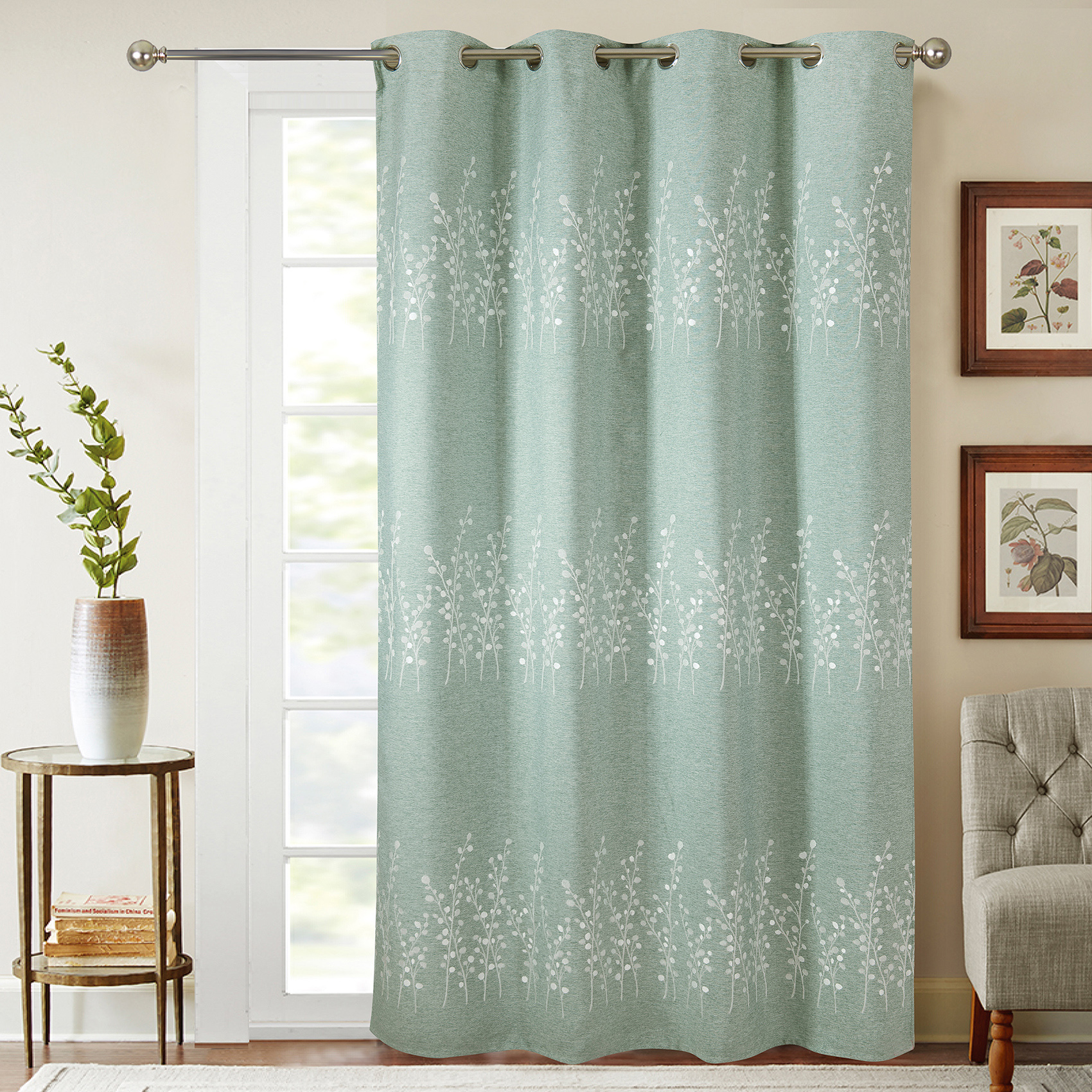 Rideaux occultant avec broderies végétales polyester vert 260x140 (photo) Rideaux occultant avec broderies végétales polyester vert 260x140