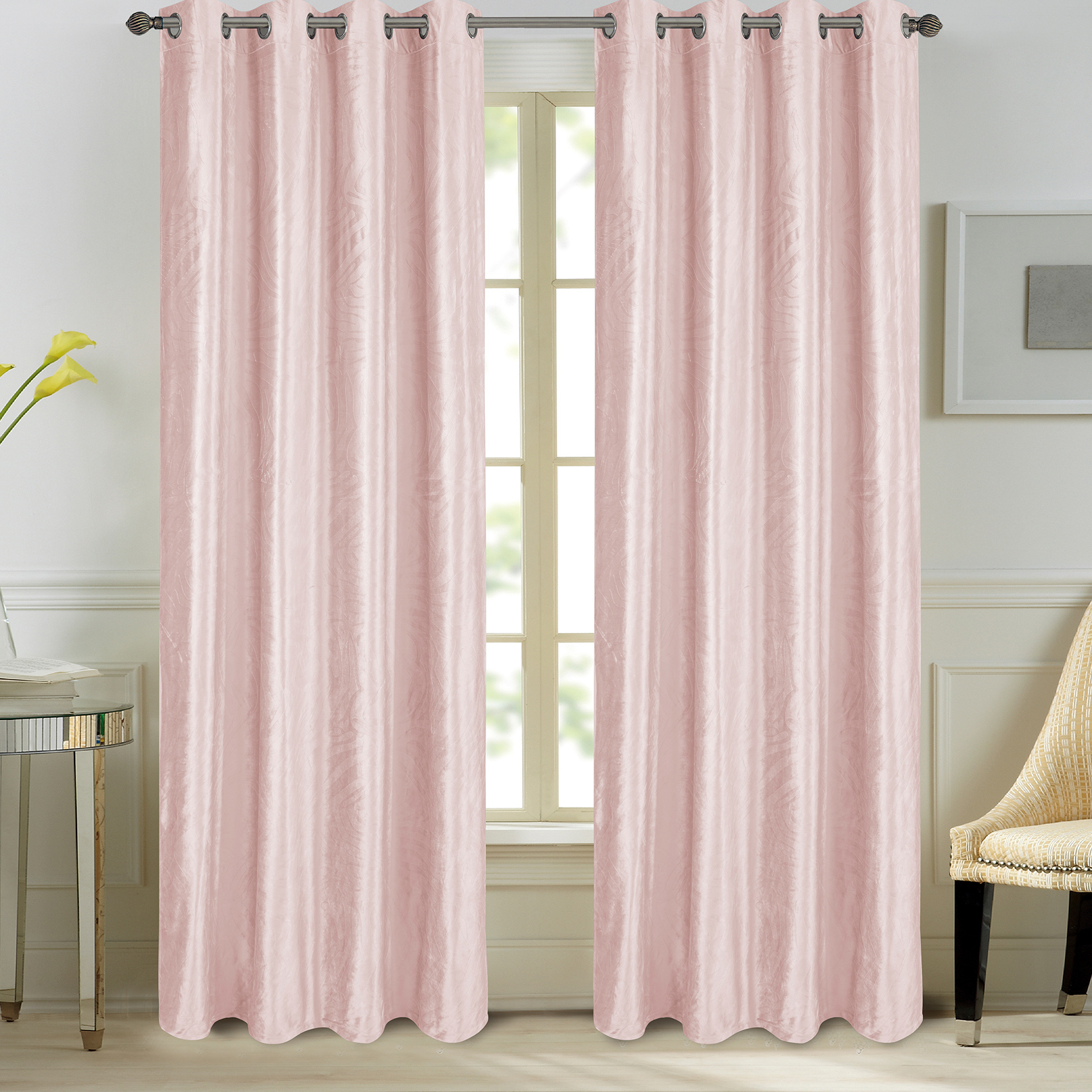 Paire de rideaux en velours et motifs frappés velours rose 260x140 (photo) Paire de rideaux en velours et motifs frappés velours rose 260x140