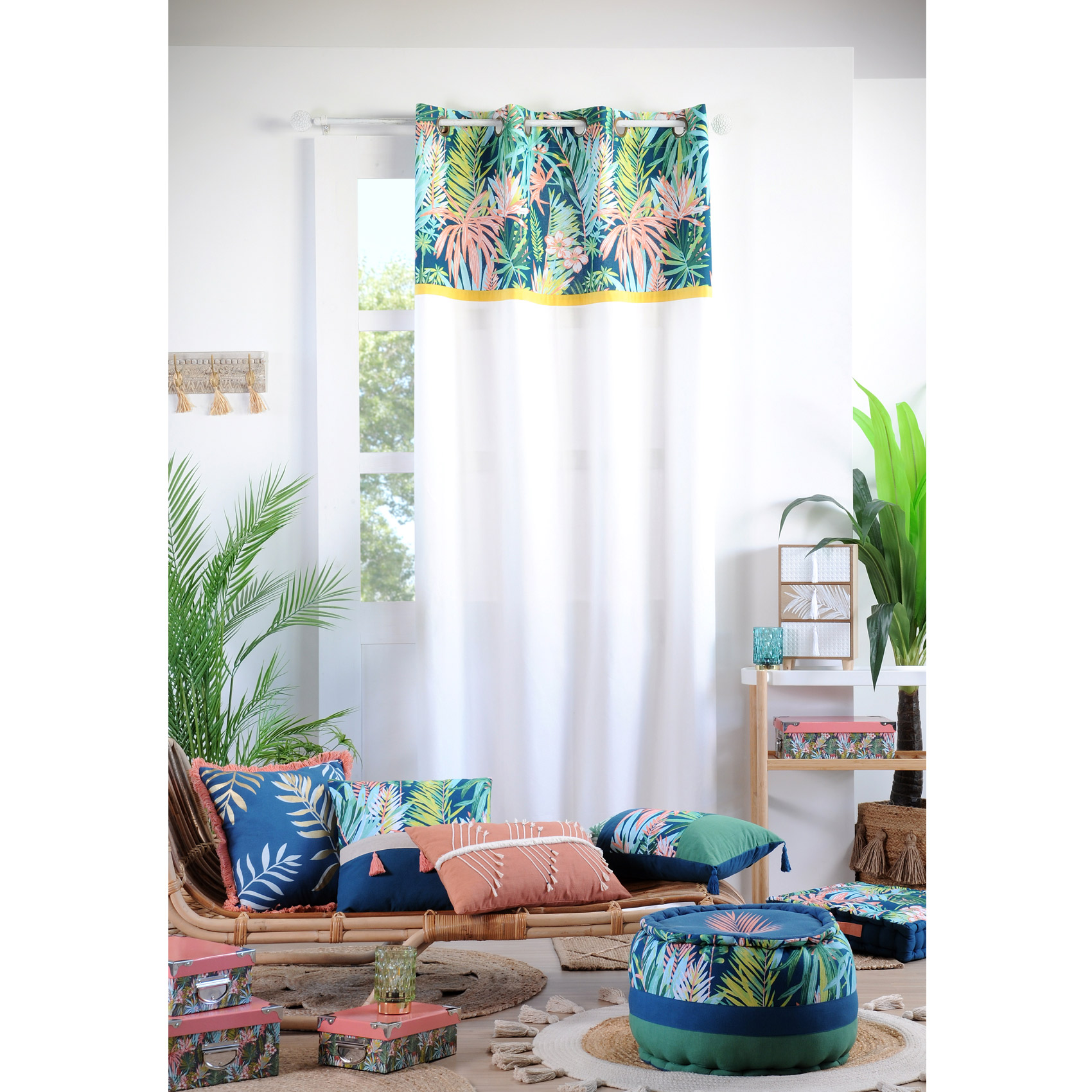 Rideau tamisant plumeria coton pétrole 260x140 Rideau tamisant plumeria coton pétrole 260x140