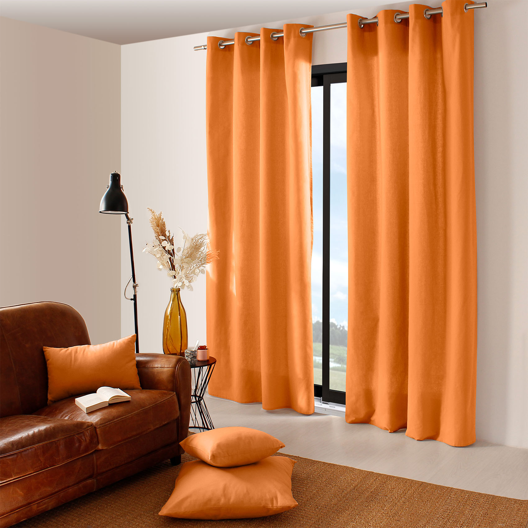 Rideau coloré en pur coton 8 œillets coton abricot 240x135 Rideau coloré en pur coton 8 œillets coton abricot 240x135