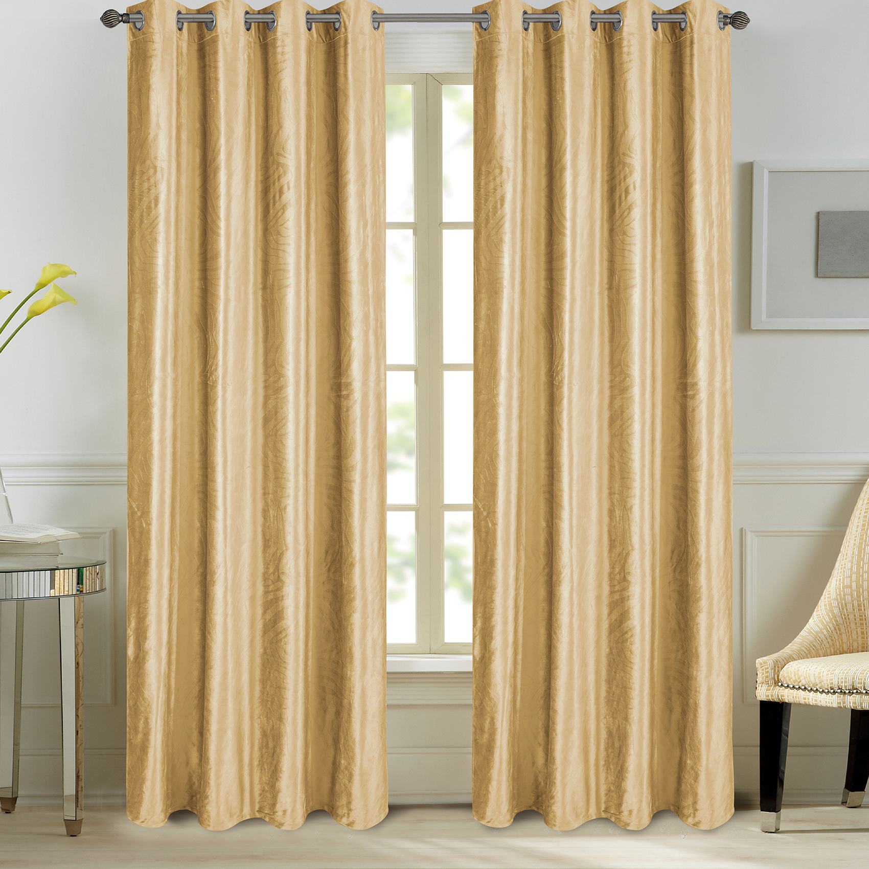 Paire de rideaux en velours et motifs frappés velours jaune 260x140 (photo) Paire de rideaux en velours et motifs frappés velours jaune 260x140
