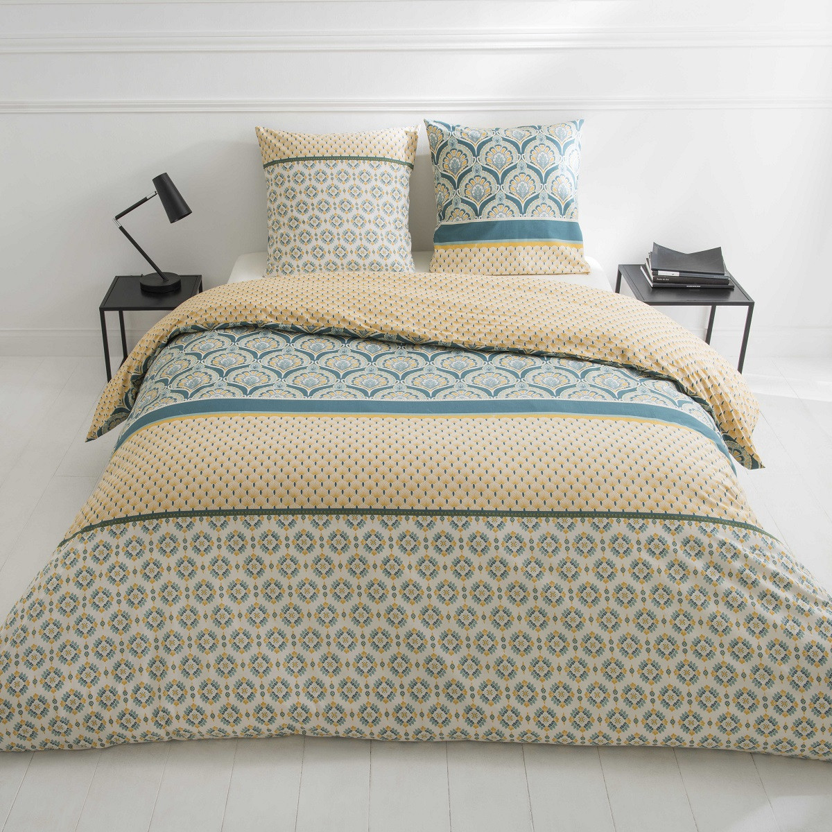 Parure de lit réversible coton 70 fils bleu et beige 140x200cm