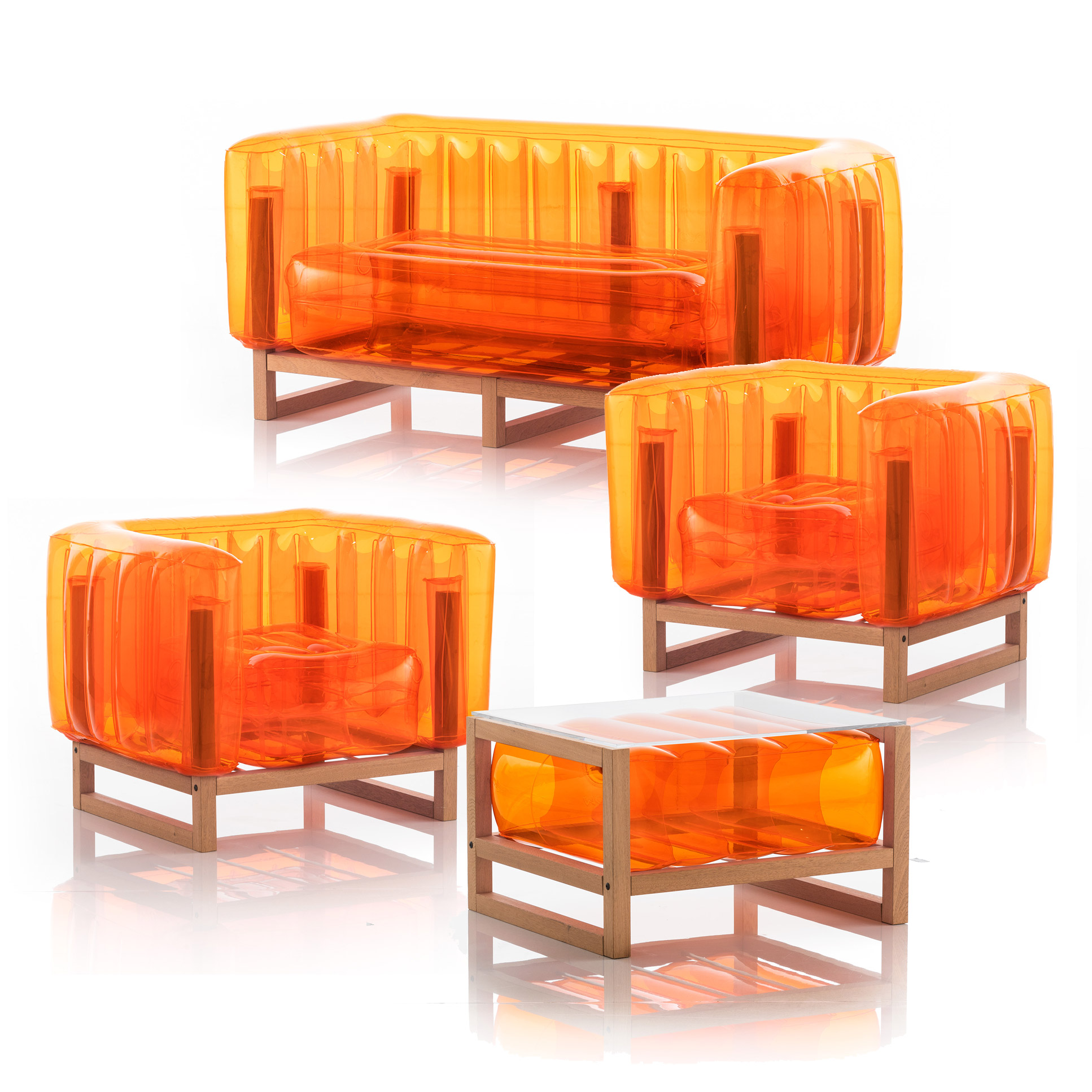 Salon de jardin design 1 canapé, 2 fauteuils et table basse orange