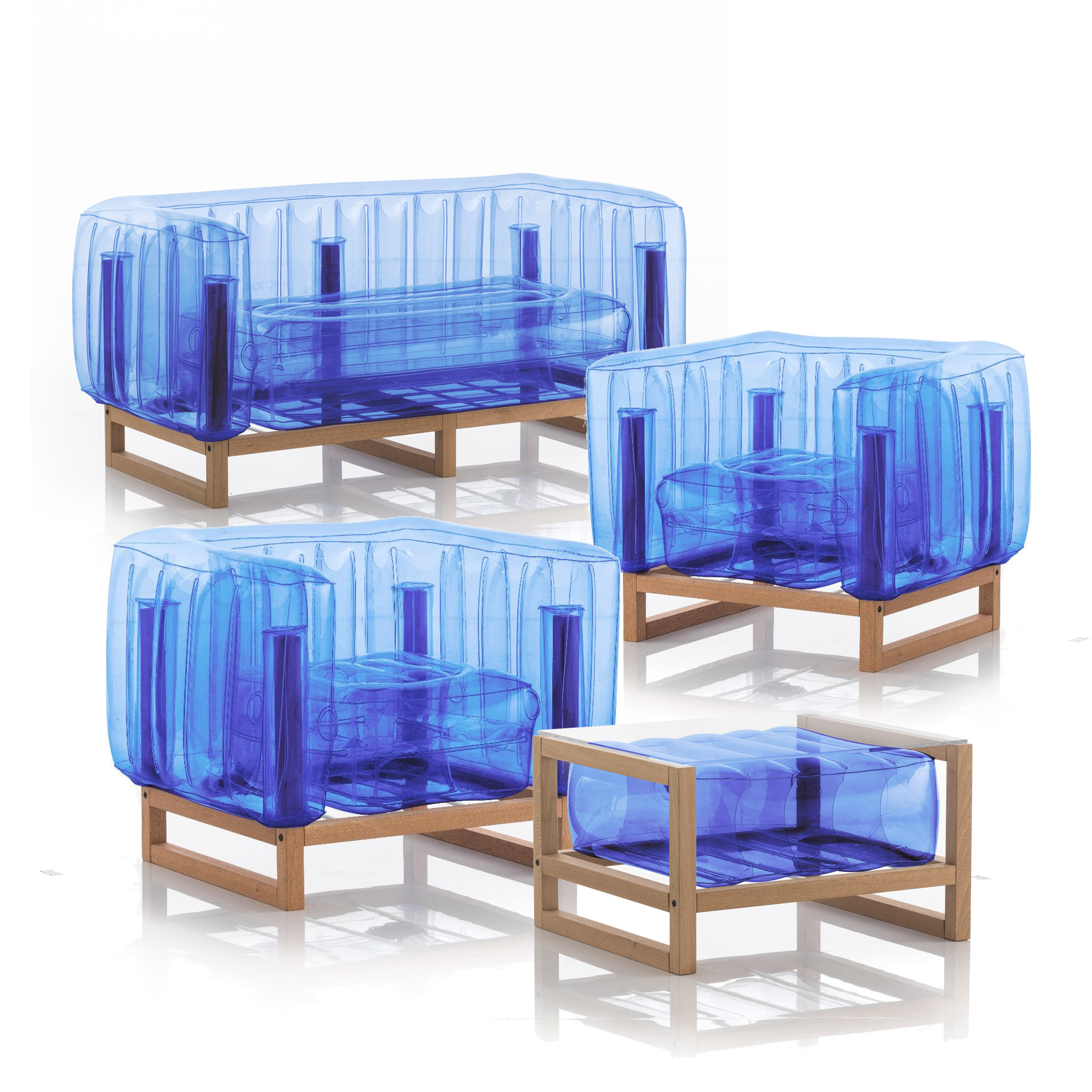 Salon de jardin design 1 canapé, 2 fauteuils et table basse bleu