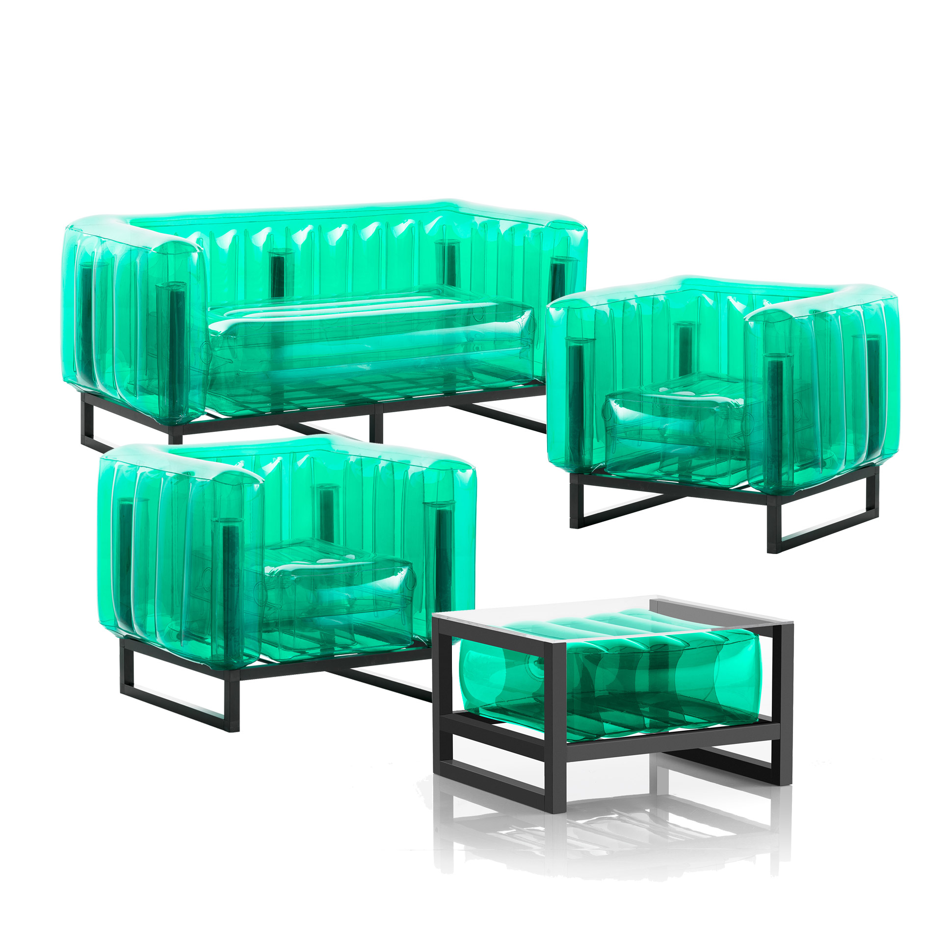 Salon de jardin design 1 canapé, 2 fauteuils et table basse vert