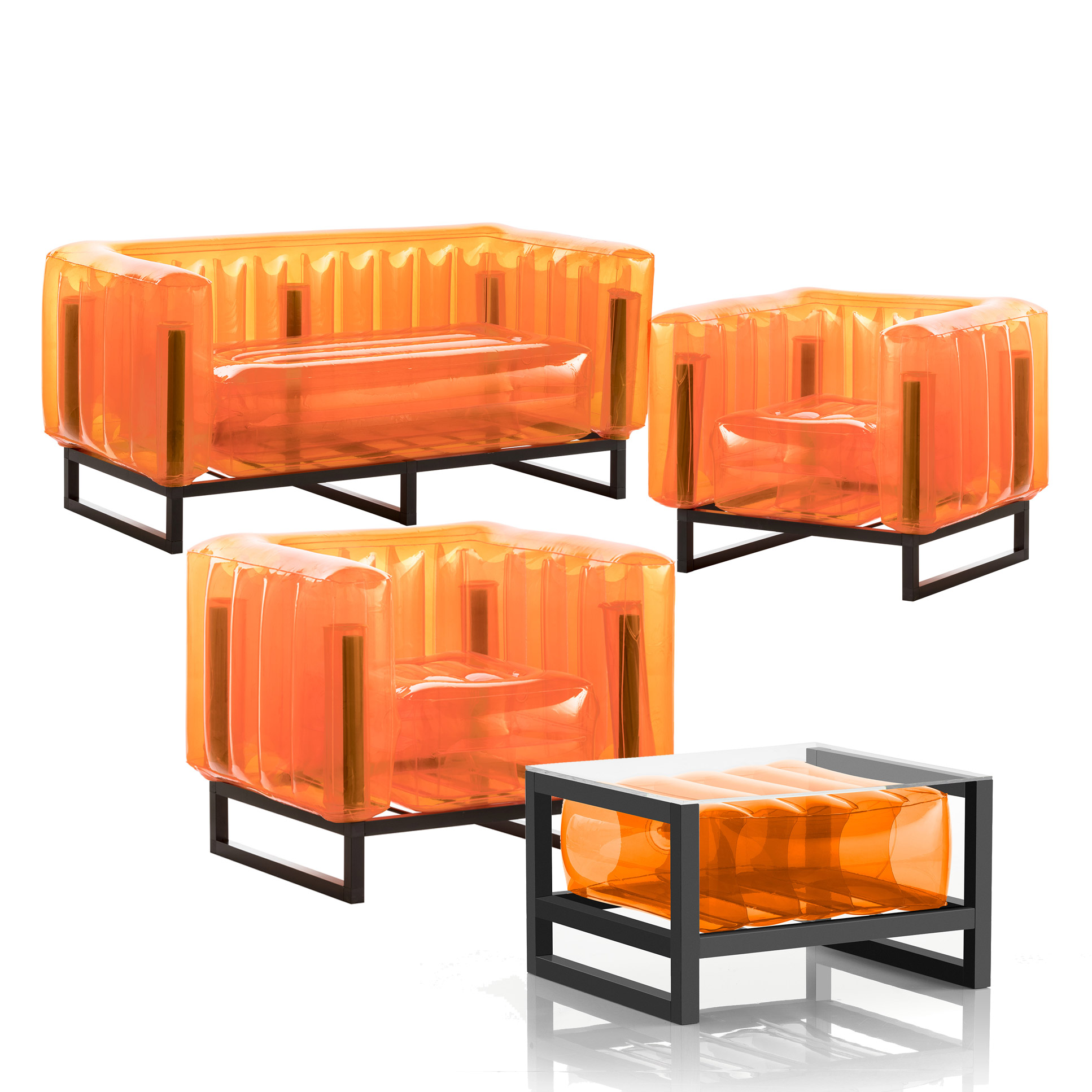 Salon de jardin design 1 canapé, 2 fauteuils et table basse orange