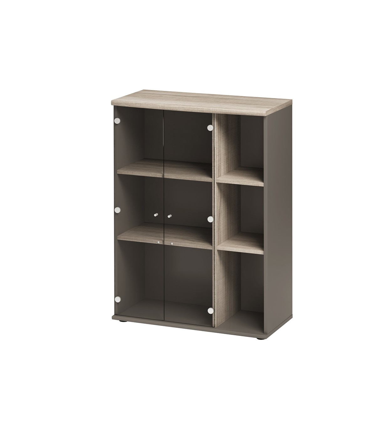 Rangement haut 2 portes vitrées et étagères - Gris et Marron foncé Rangement haut 2 portes vitrées et étagères - Gris et Marron foncé
