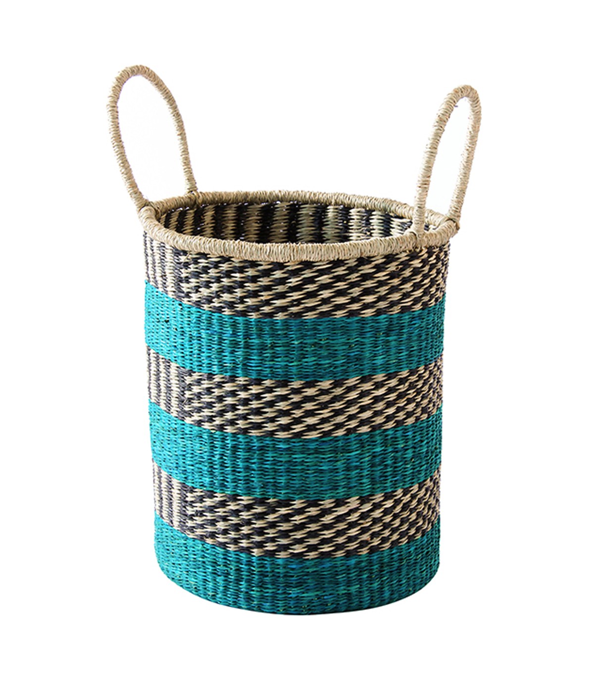 Panier rond tressé en jonc de mer - Bleu (photo) Panier rond tressé en jonc de mer - Bleu