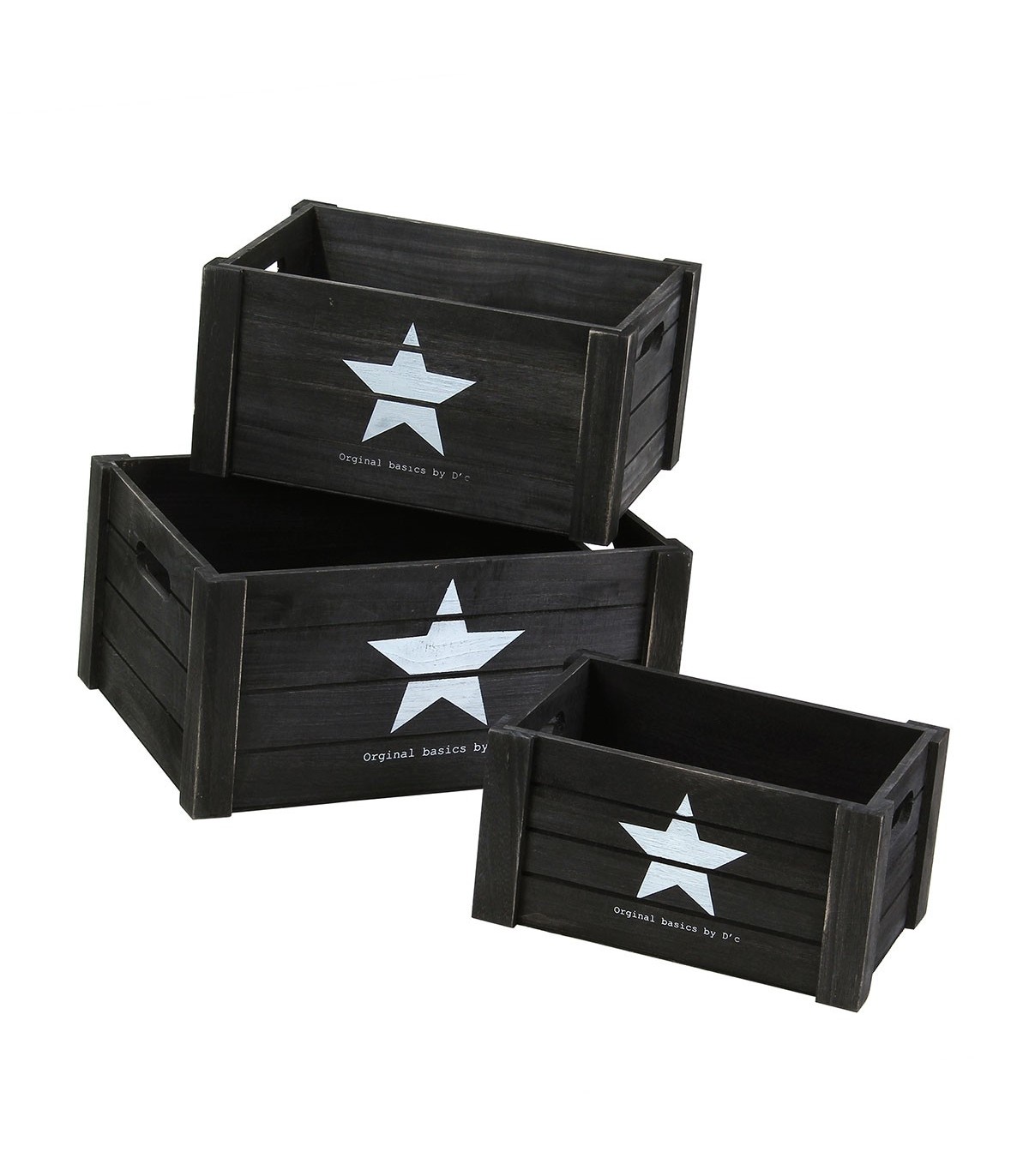Lot de 3 cubes en bois empilables avec poignées motif étoile - Noir Lot de 3 cubes en bois empilables avec poignées motif étoile - Noir
