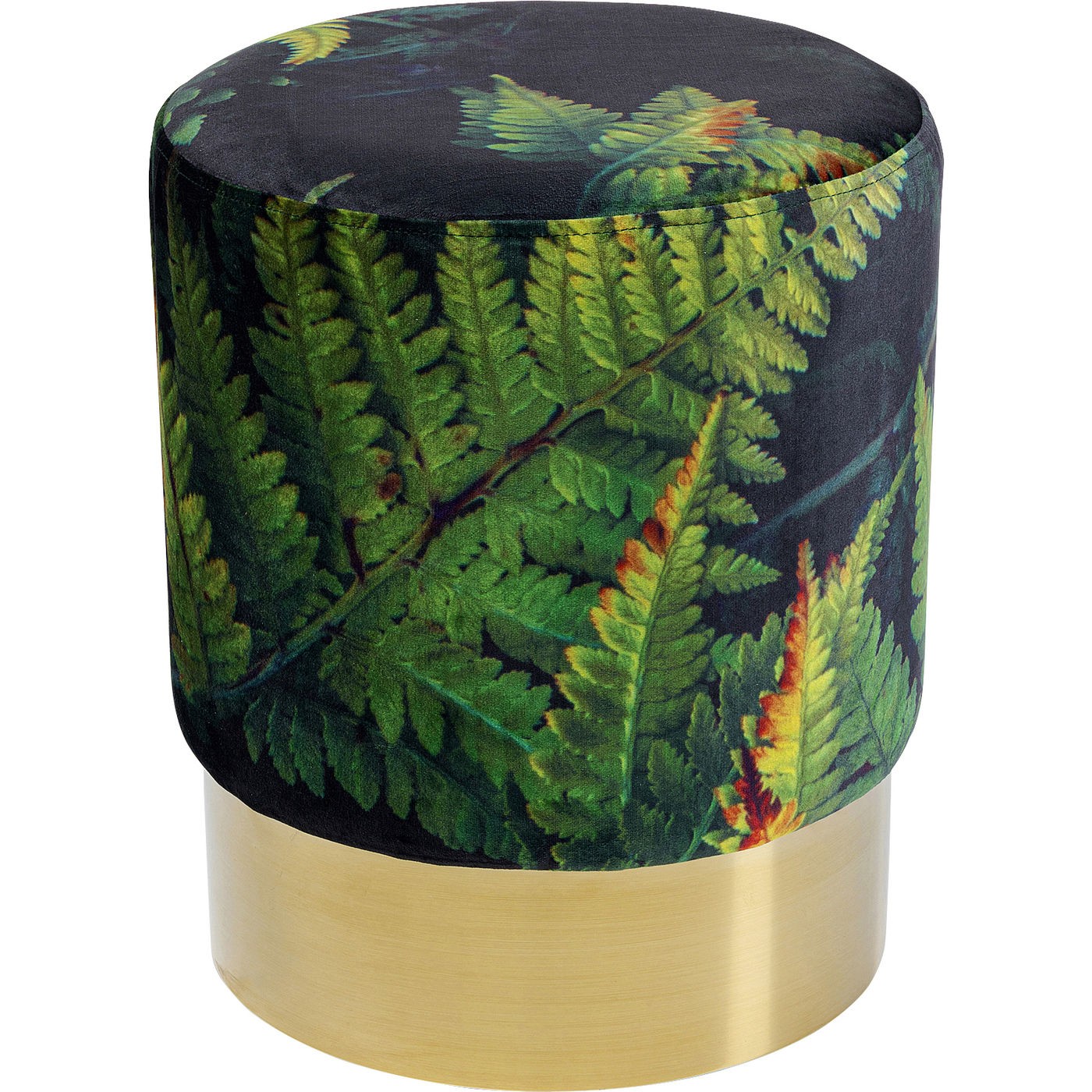 Tabouret en velours vert imprimé feuilles et acier doré D35 Tabouret en velours vert imprimé feuilles et acier doré D35