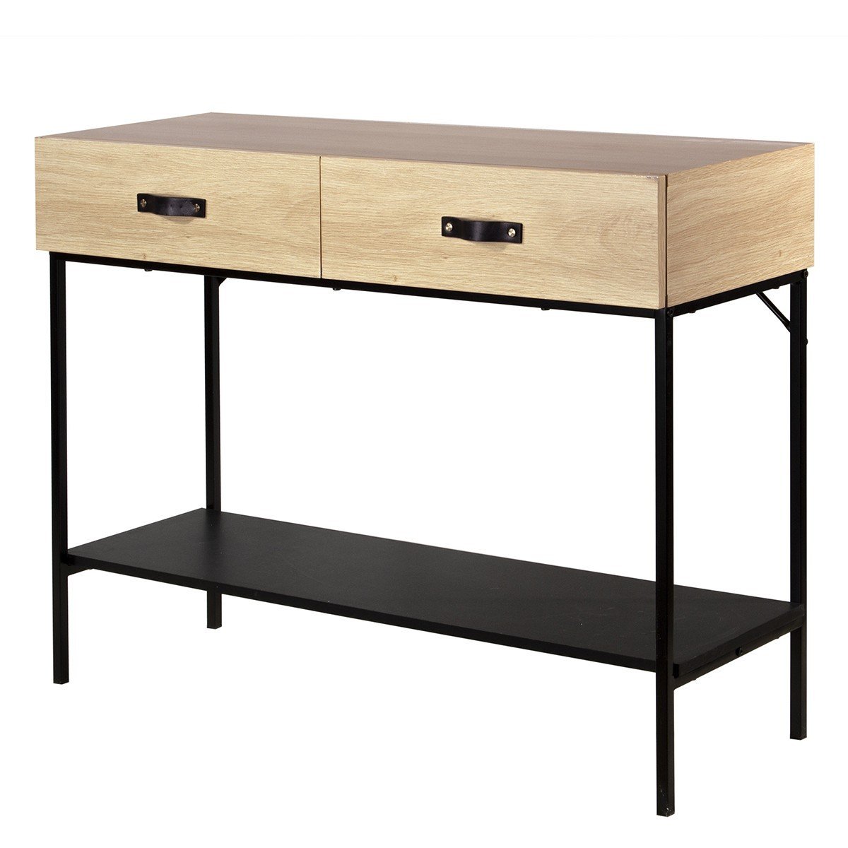 Console 2 tiroirs décor chêne et plateau noir Console 2 tiroirs décor chêne et plateau noir