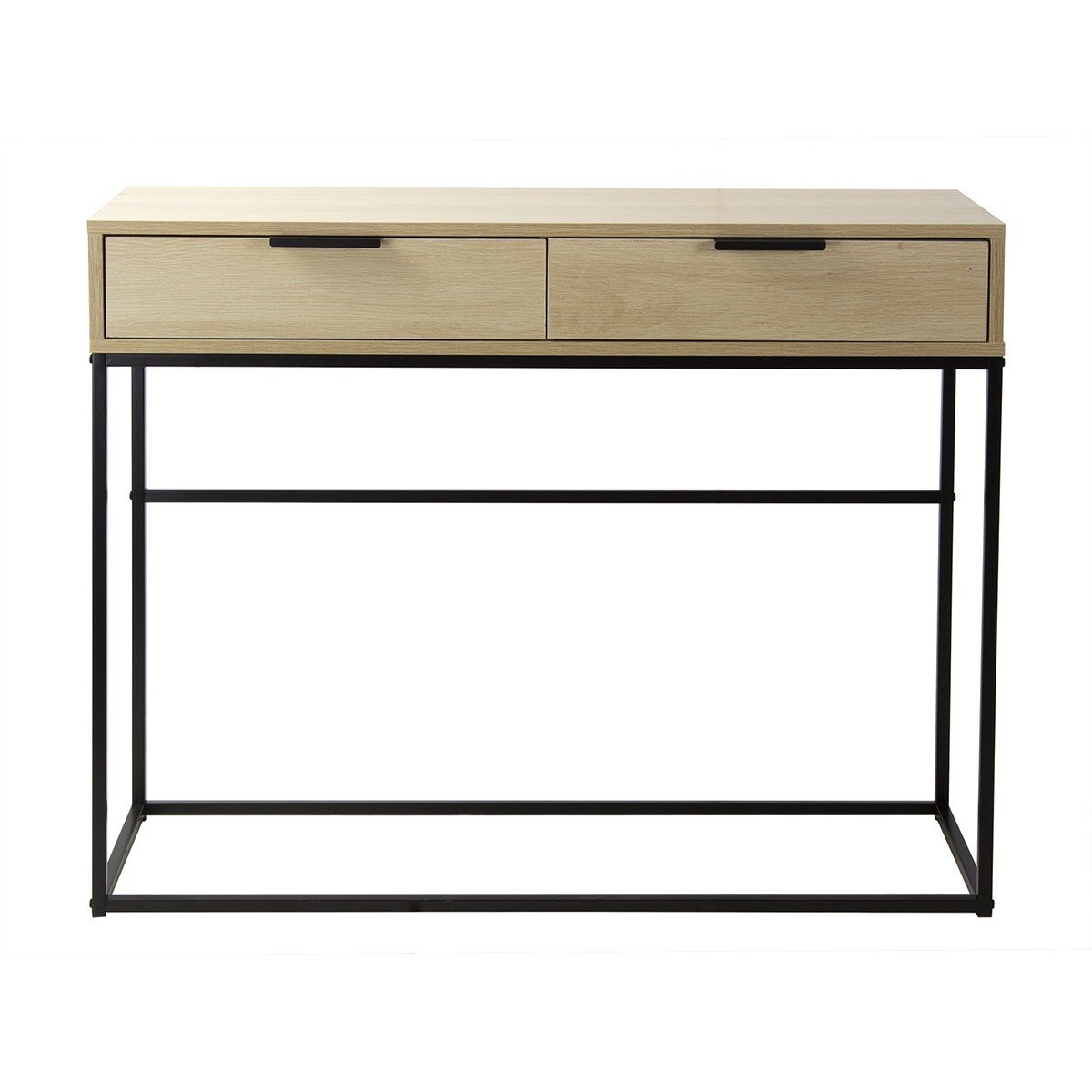 Console 2 tiroirs décor chêne clair et métal noir (photo) Console 2 tiroirs décor chêne clair et métal noir