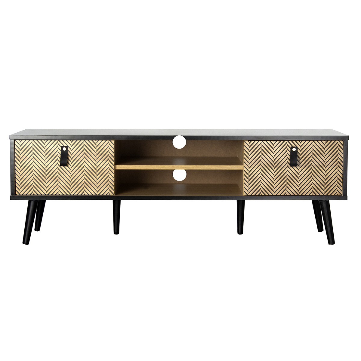 Meuble TV 2 portes motif chevron - Marron et noir (photo) Meuble TV 2 portes motif chevron - Marron et noir